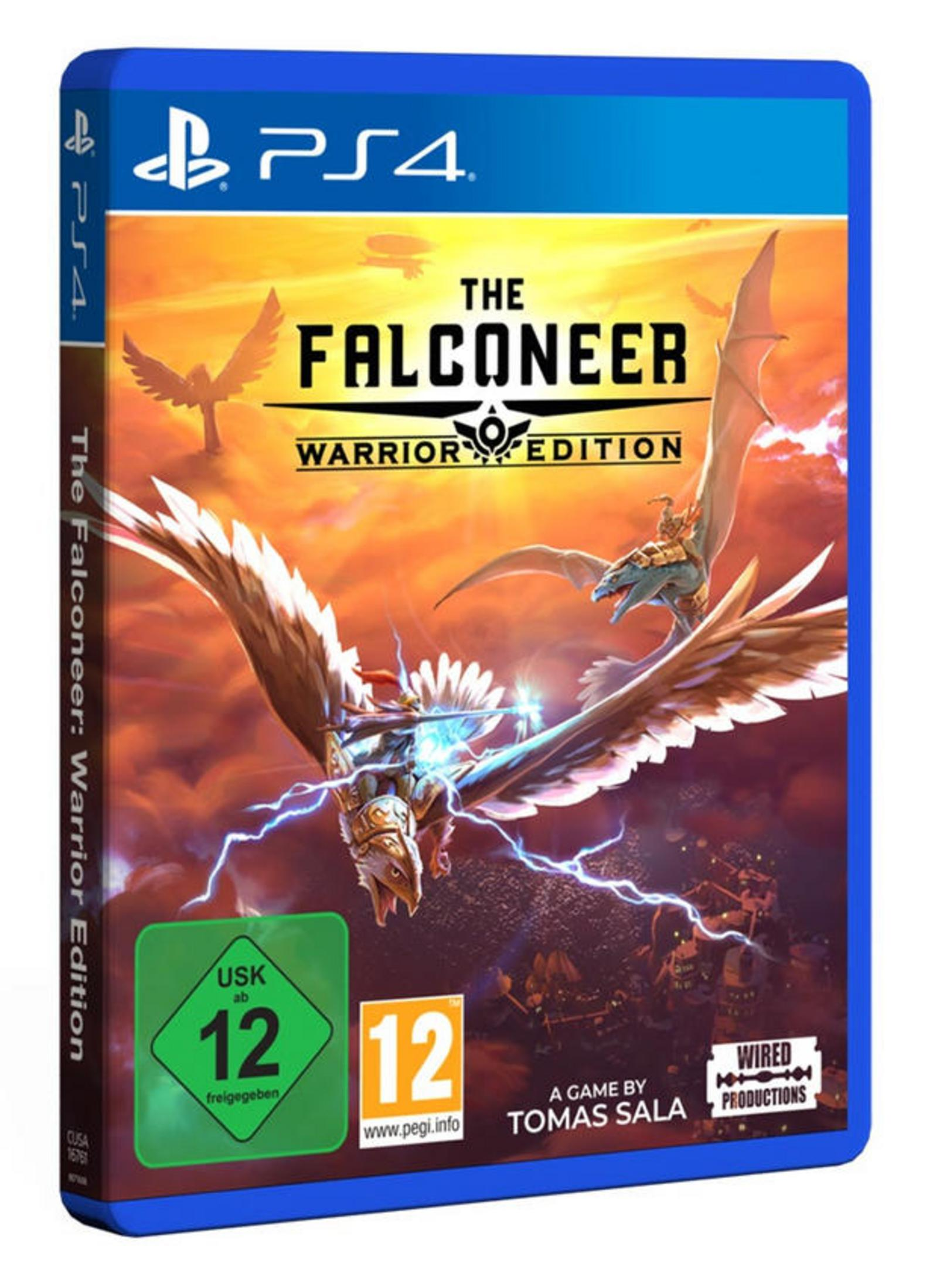 The Falconeer Warrior Edition für PS4 zeigt einen Falkner, der einen großen Vogel in einer Fantasiewelt reitet, mit einem blauen Rand.