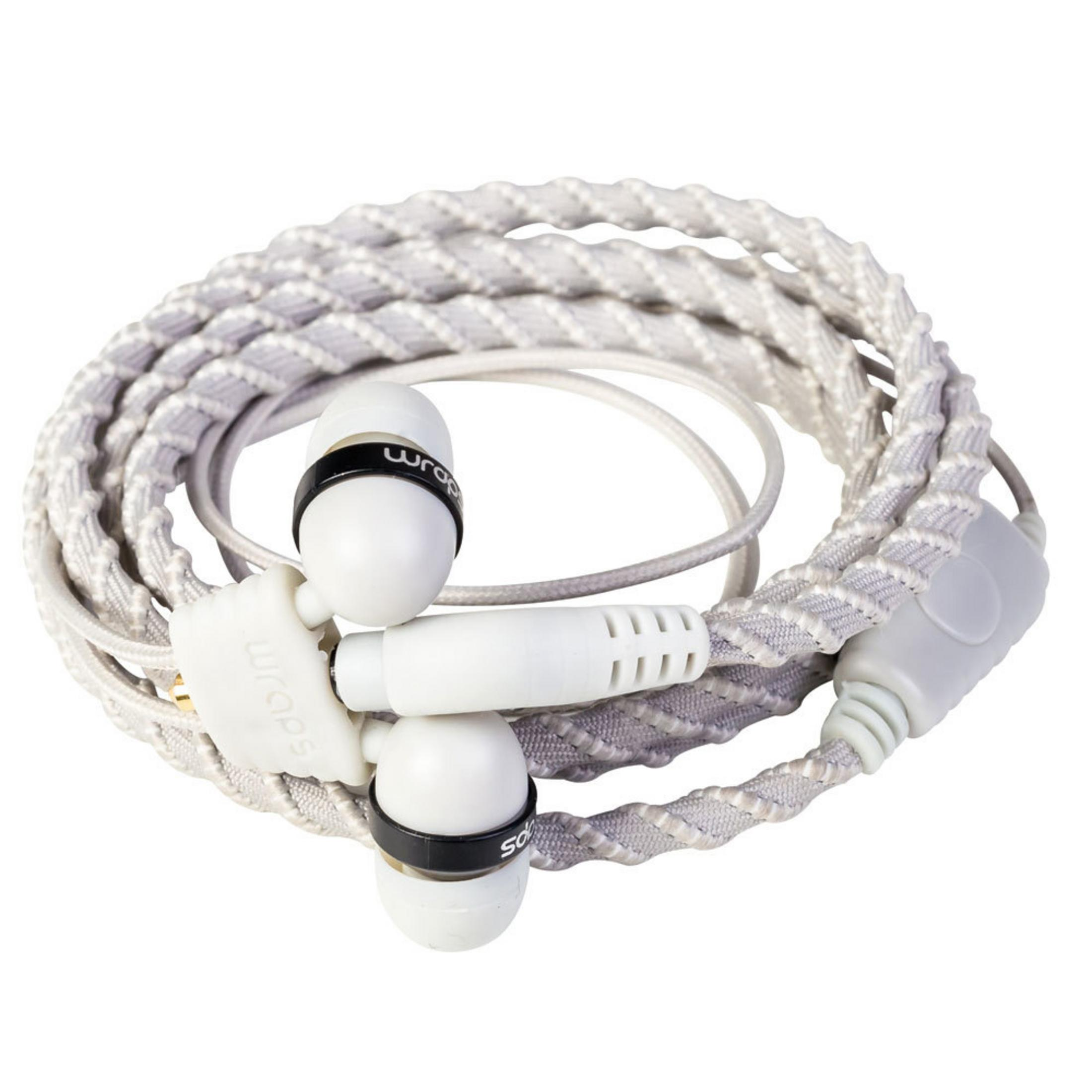 Auricolari bianchi avvolti con un cavo intrecciato e dettagli neri, mostrati su uno sfondo bianco.
