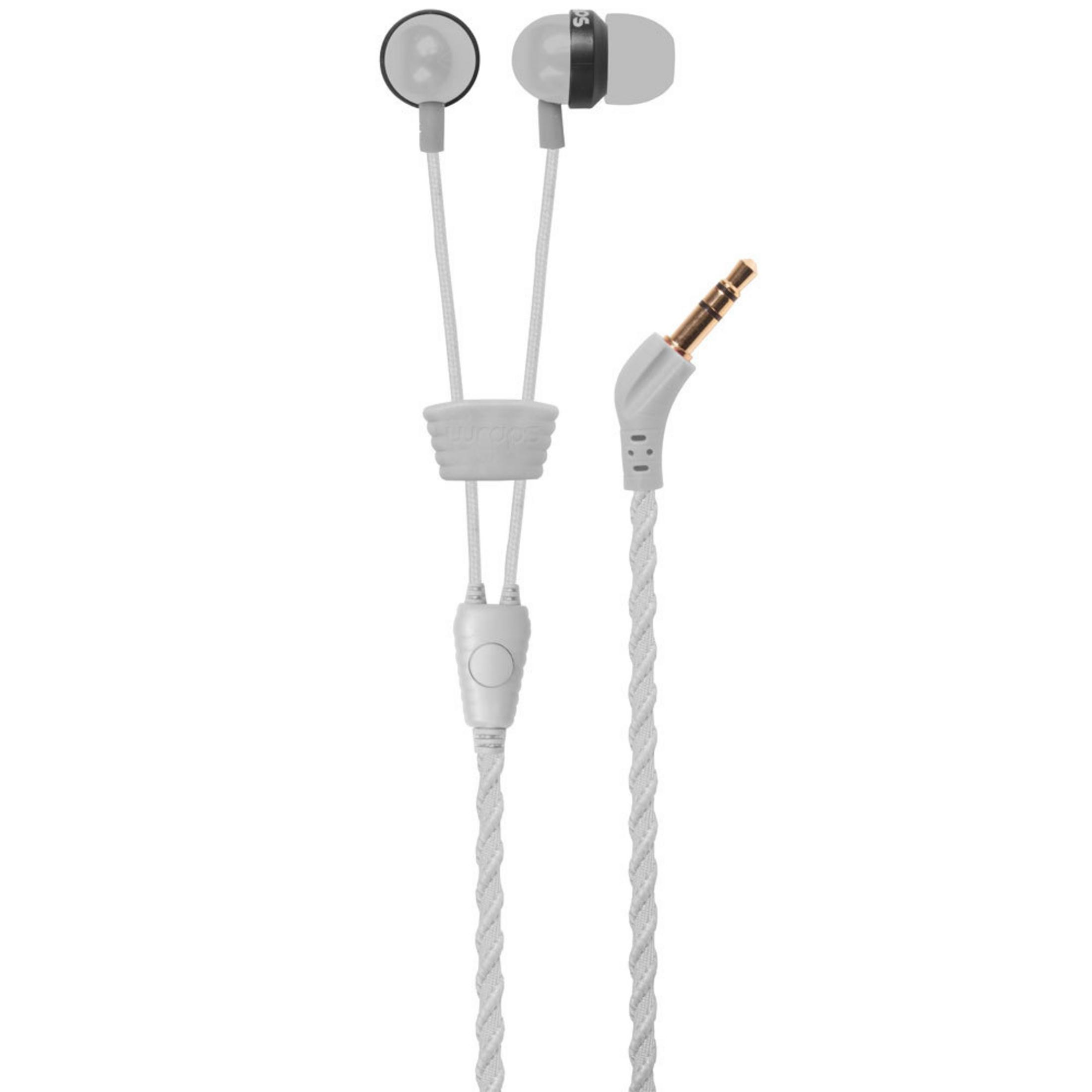 Auricolari bianchi con cavo intrecciato, dettagli neri e spina con punta dorata, isolati su uno sfondo bianco.