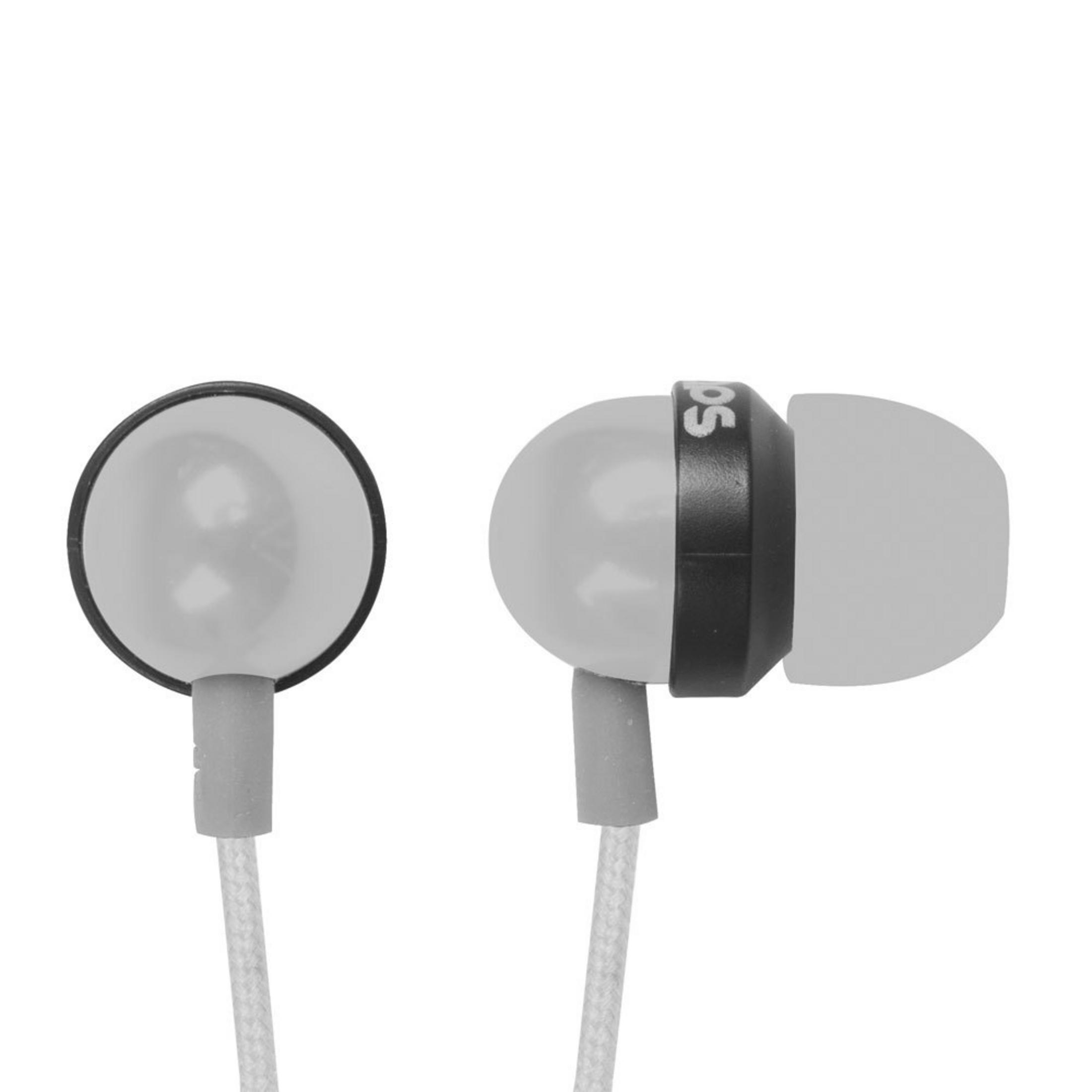 Primo piano di auricolari bianchi con dettagli neri, che mostrano il design dell'auricolare e l'attacco del cavo.