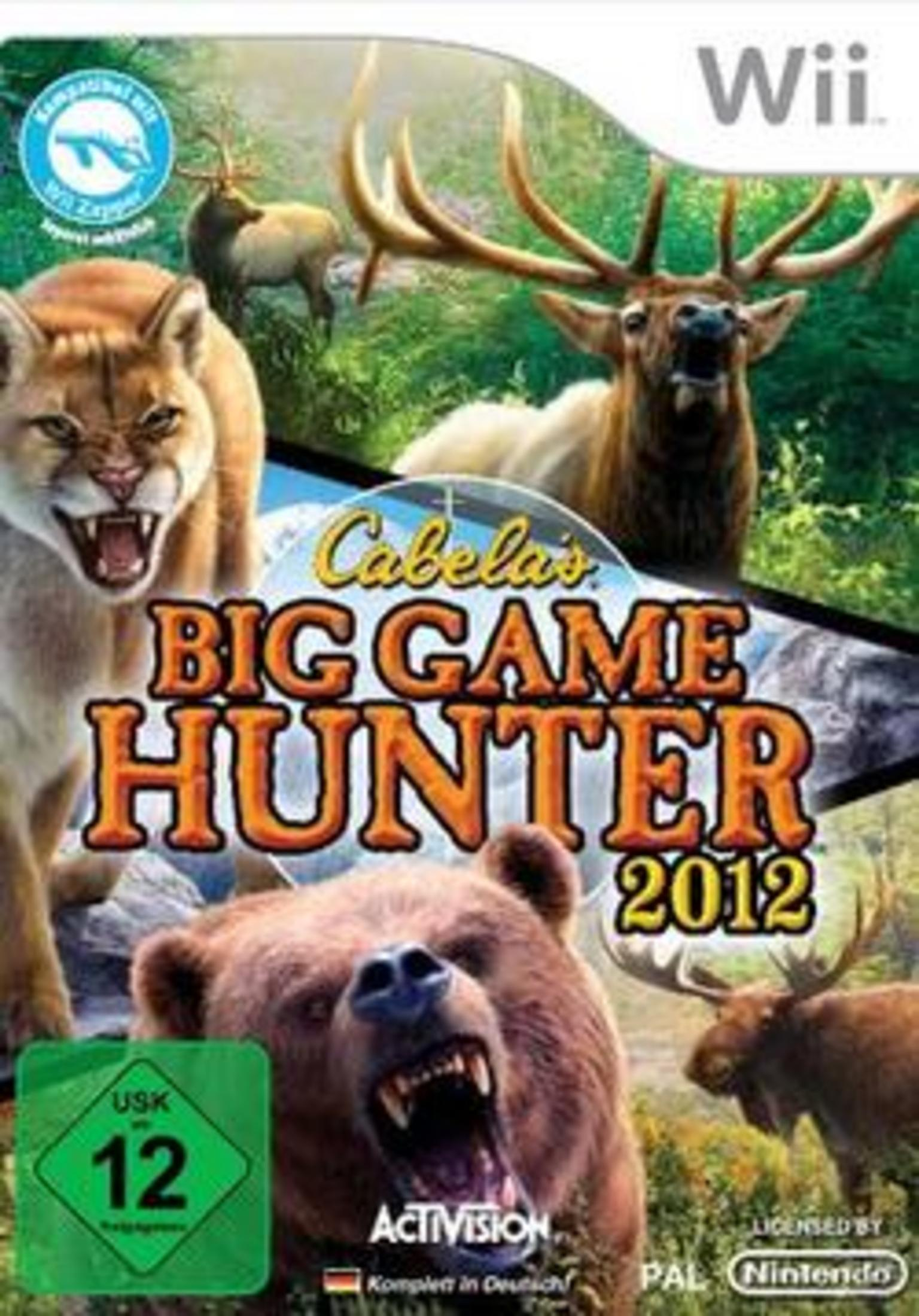 Cabela's Big Game Hunter 2012 Wii-Spielcover mit verschiedenen Wildtieren wie Bären, Hirschen und Berglöwen.