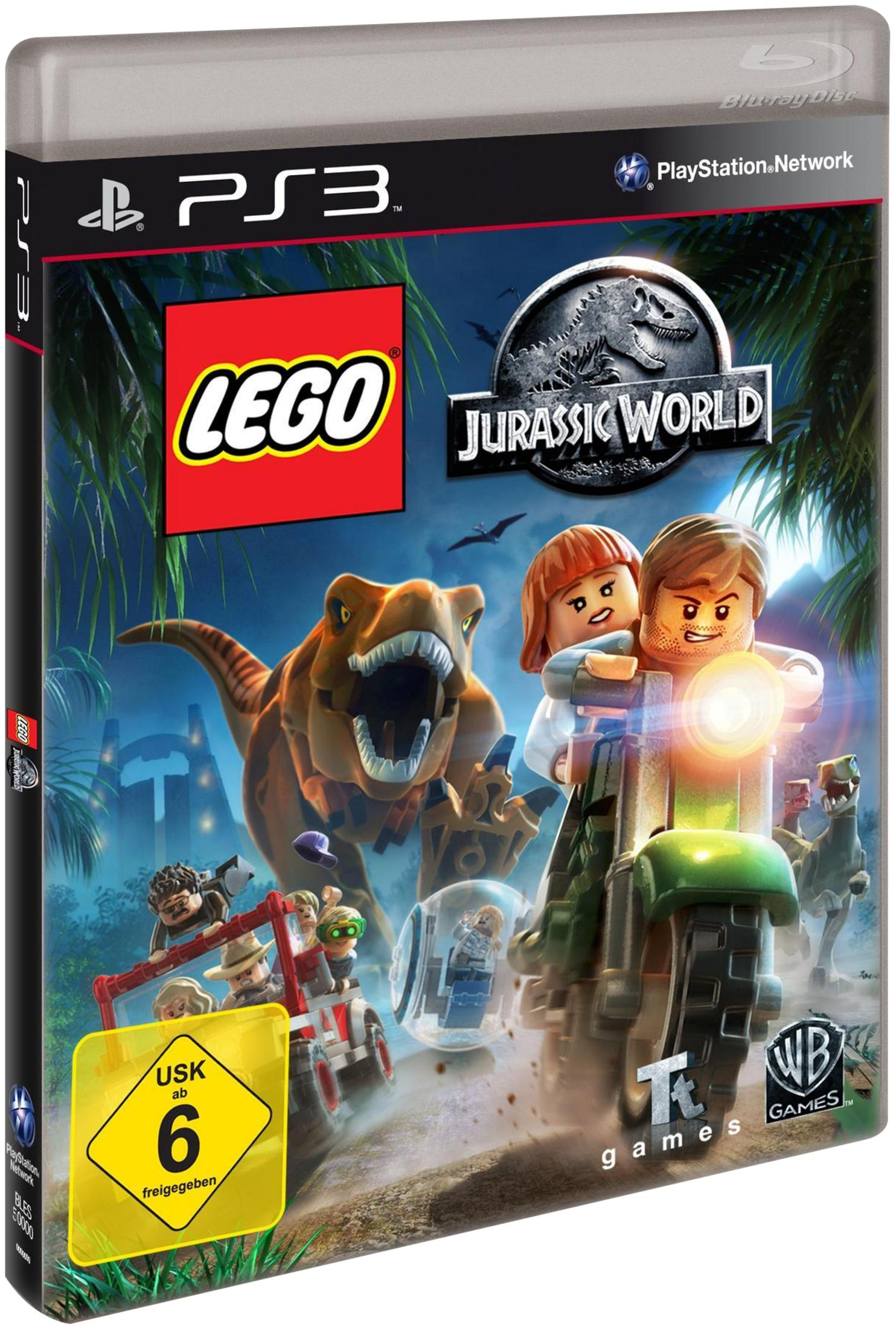 Lego Jurassic World PS3-Spielcover: Lego-Figuren, Dinosaurier, Dschungel. USK 6.