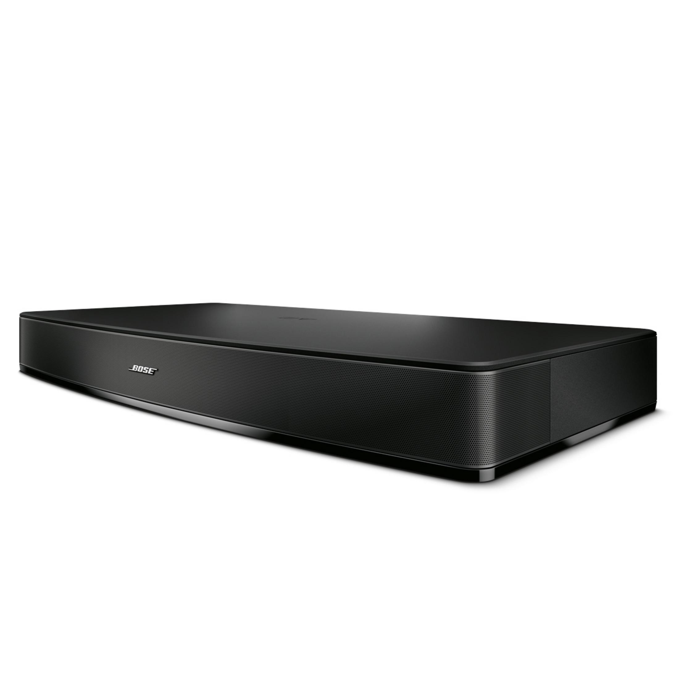 Eine schwarze Bose Soundbar. Rechteckige Form, auf weißem Hintergrund. Bose Logo sichtbar.