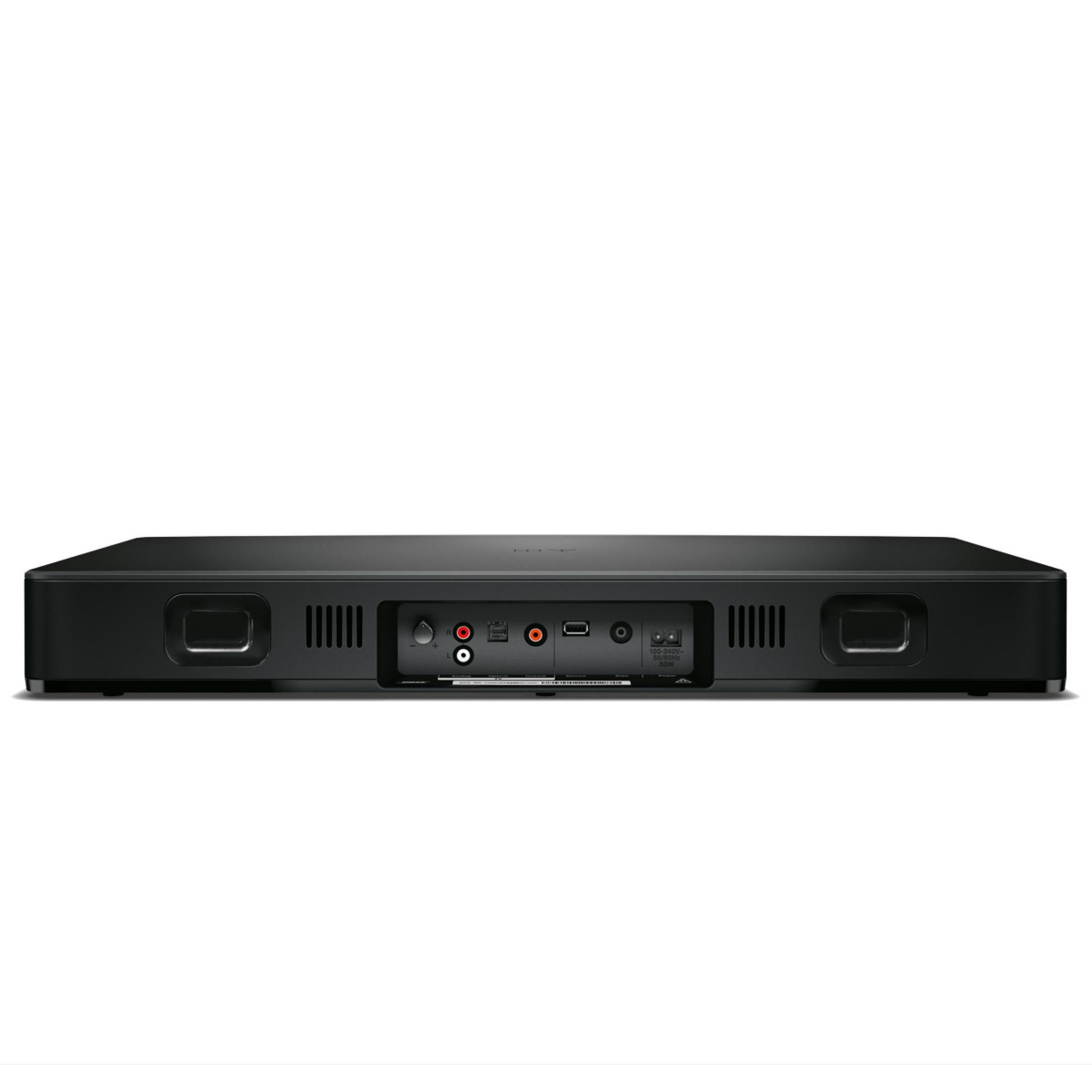 Rückseite der schwarzen Bose Soundbar. Mit Ein- und Ausgängen. Minimalistisches Design.