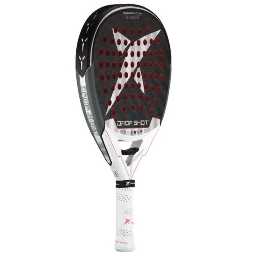 Racchetta Drop Shot nera e bianca con design a 'X' argento, su sfondo bianco.