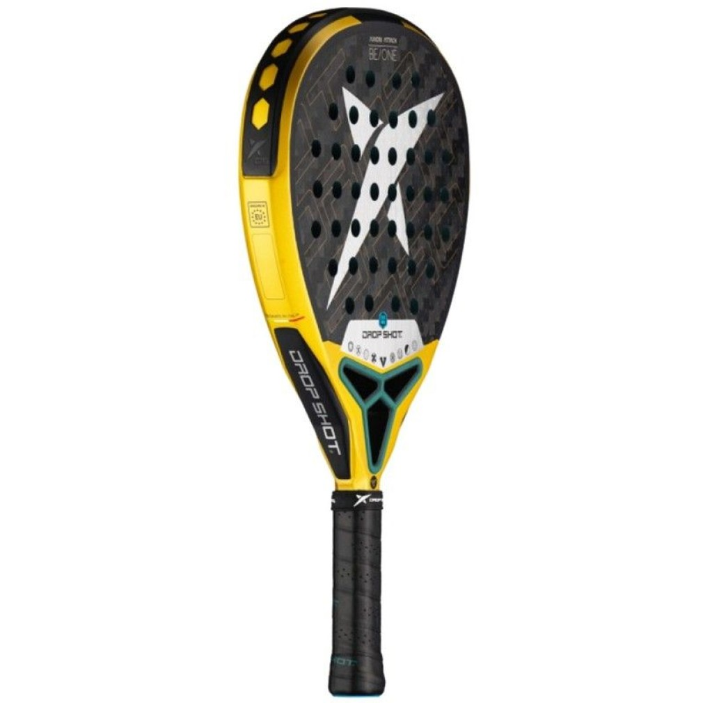Pala de pádel Drop Shot negra y amarilla con diseño de fibra de carbono.