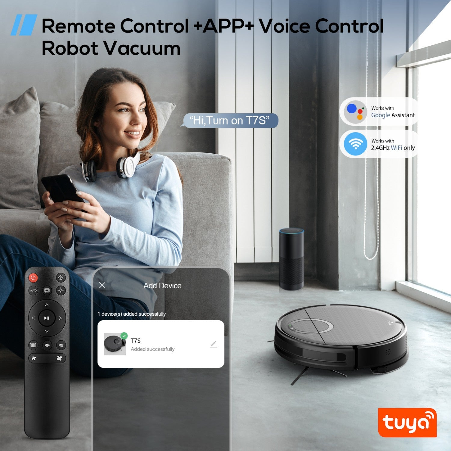 Una donna su un divano che usa un telefono, che mostra il controllo di un robot aspirapolvere, con un telecomando e l'aspirapolvere nella scena.