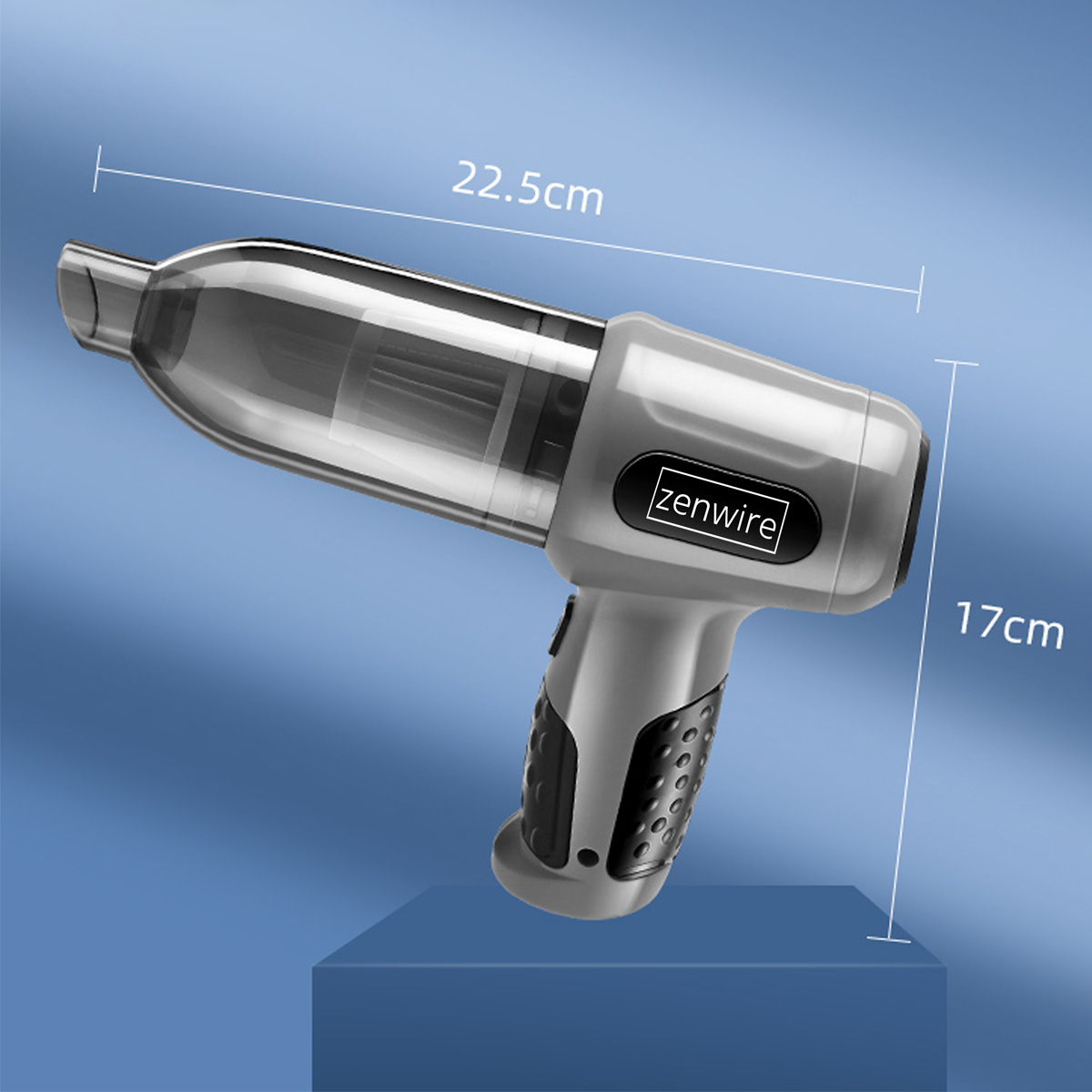 Szary odkurzacz ręczny Zenwire z oznaczonymi wymiarami, prezentujący jego rozmiar i konstrukcję na niebieskim tle.