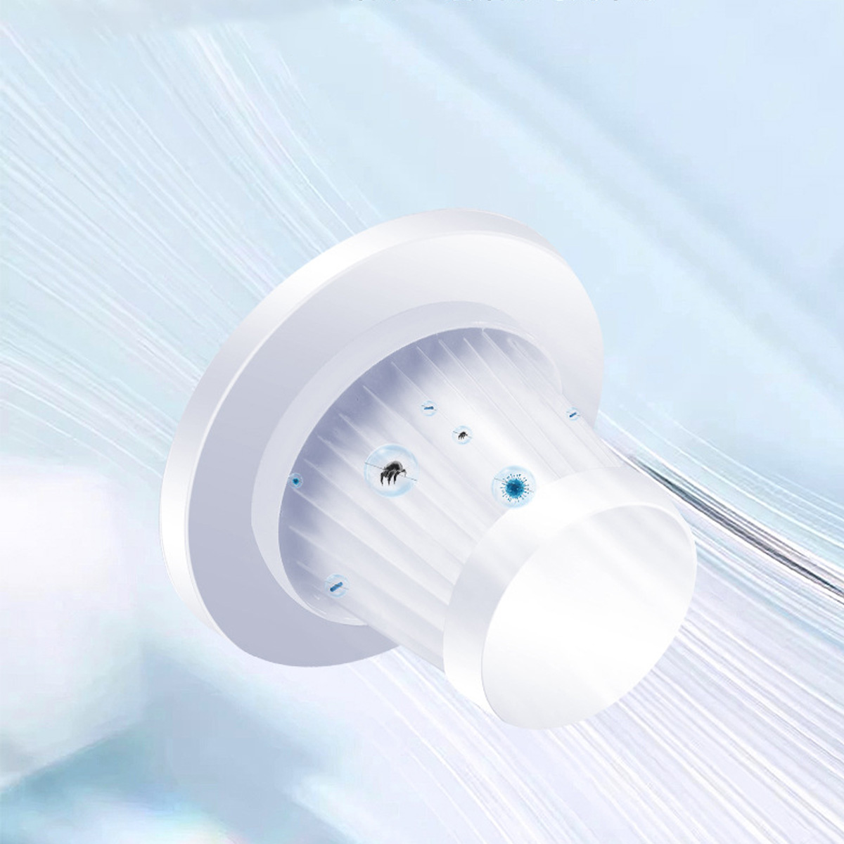 Biały filtr z małymi cząsteczkami unoszącymi się wokół, na rozmytym tle ze smugami światła.