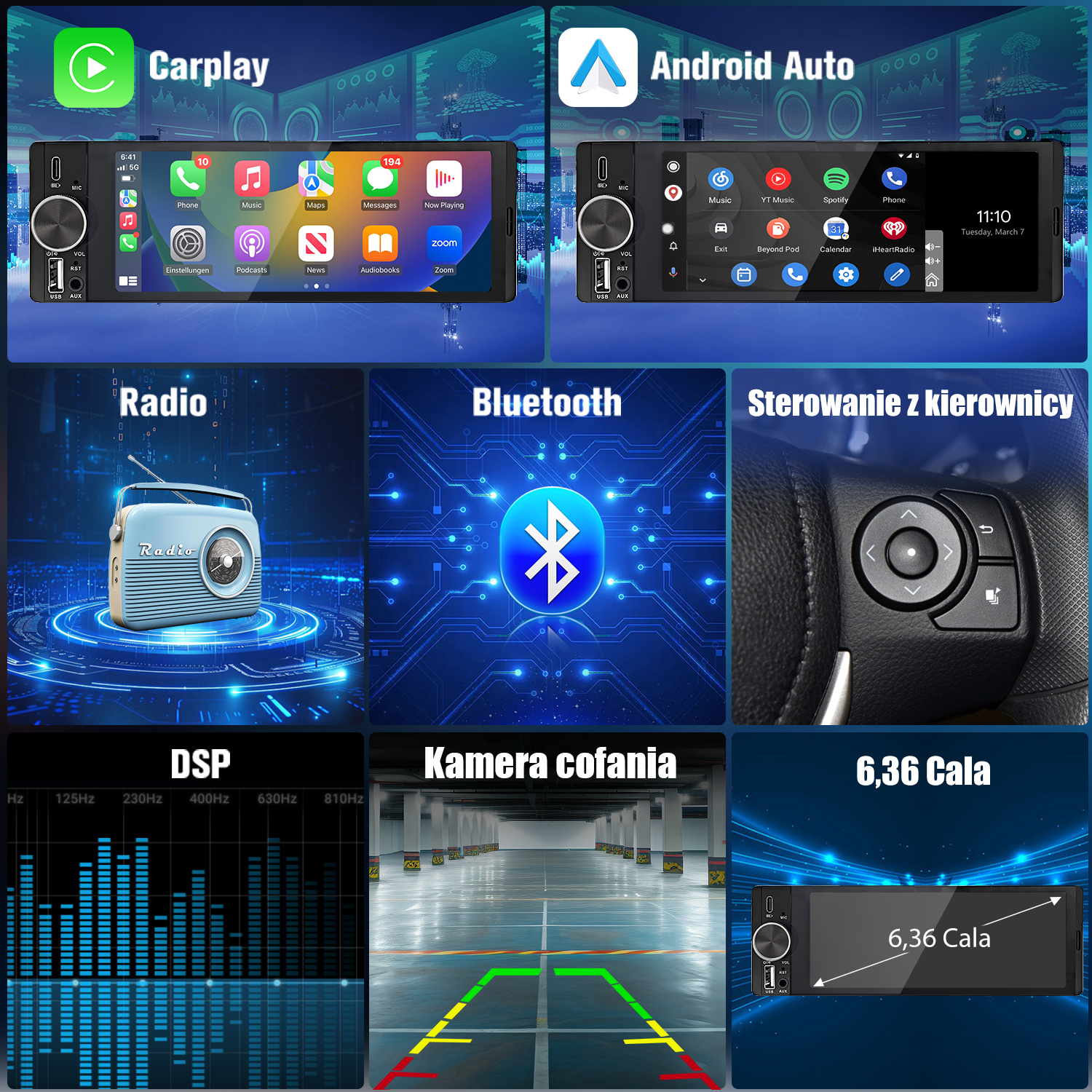 Interfejsy radia samochodowego z CarPlay, Android Auto, Bluetooth i opcjami sterowania kierownicą.