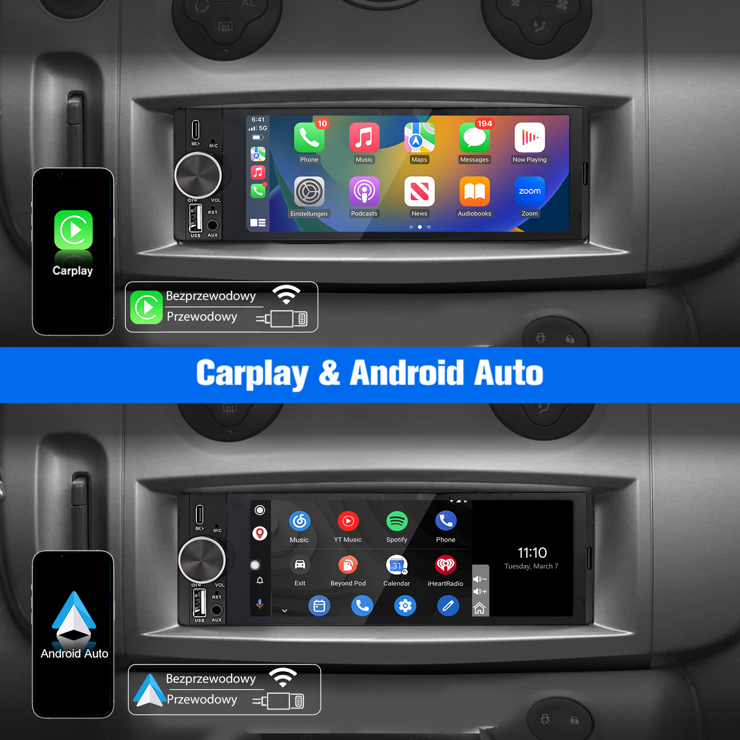 Interfejsy CarPlay i Android Auto na wyświetlaczu radia samochodowego, radio w desce rozdzielczej.