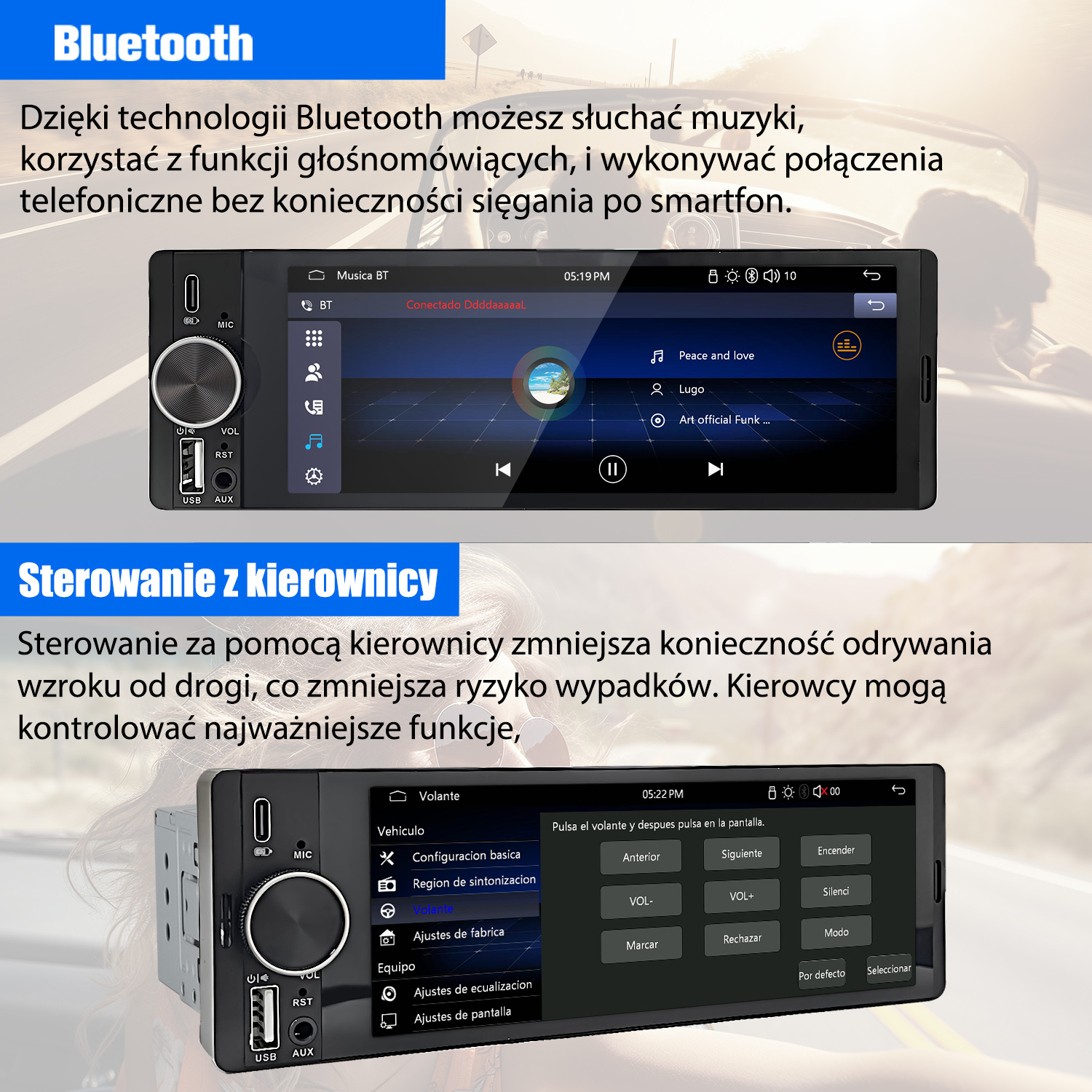 Ekran radia samochodowego pokazujący Bluetooth i sterowanie kierownicą. Tekst opisuje Bluetooth i kontrolę.