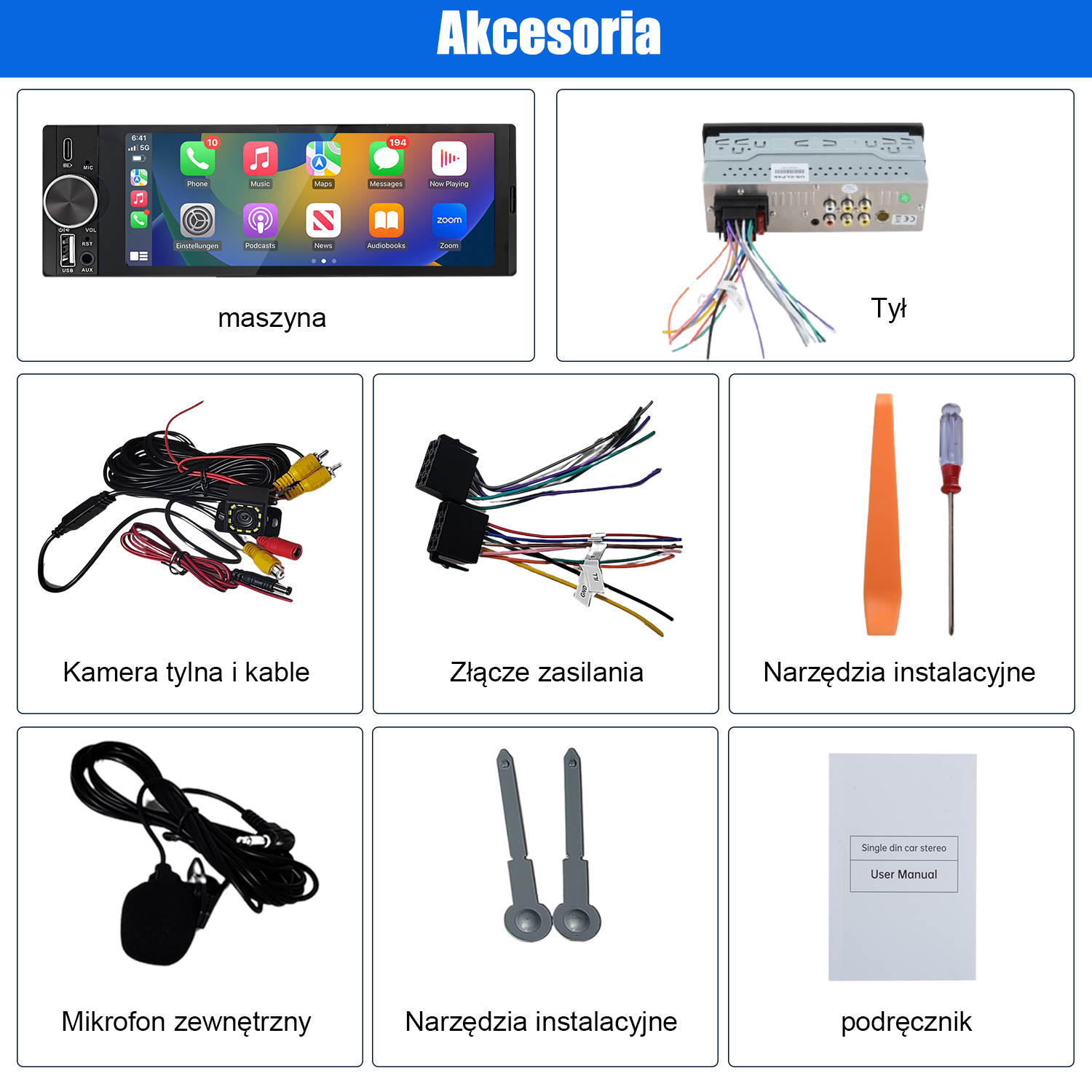 Akcesoria do instalacji radia samochodowego: radio, kamera tylna i kable, kabel zasilający, narzędzia i instrukcja.