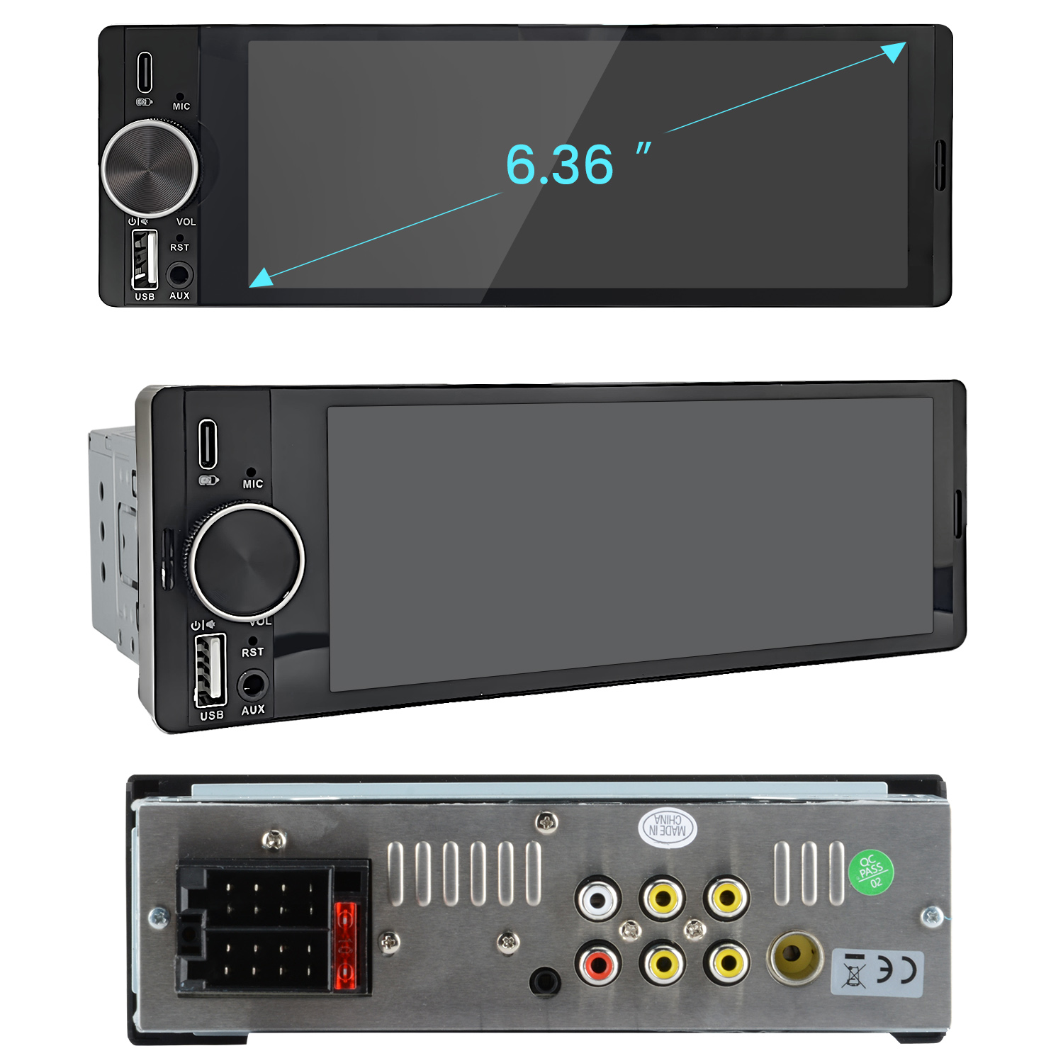 Radio samochodowe z ekranem 6,36 cala, pokazujące przód i tył radia z jego złączami.