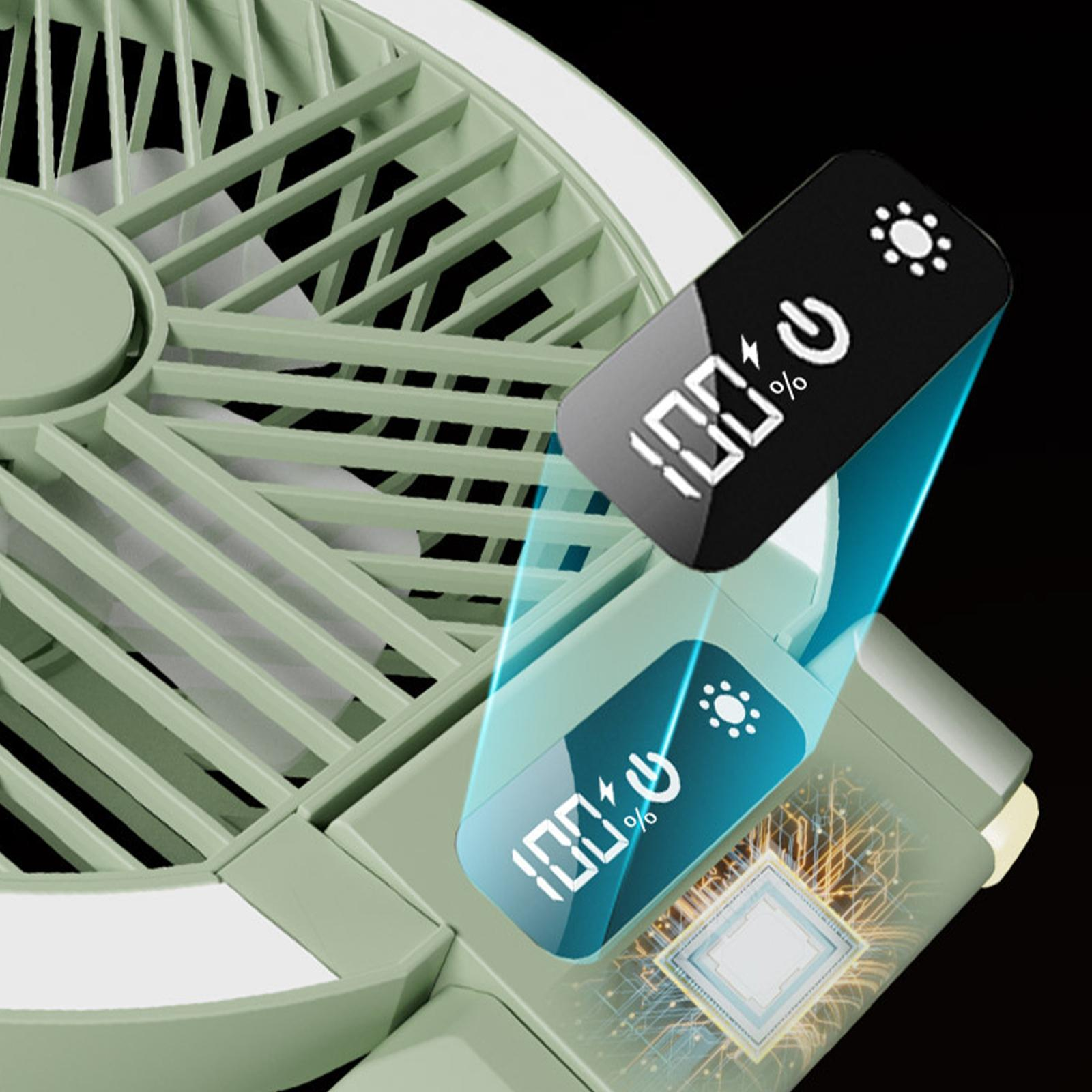 Nahaufnahme eines grünen Ventilators, der 100 % Leistung, Licht und einen Netzschalter auf einem schwarzen Bildschirm anzeigt.