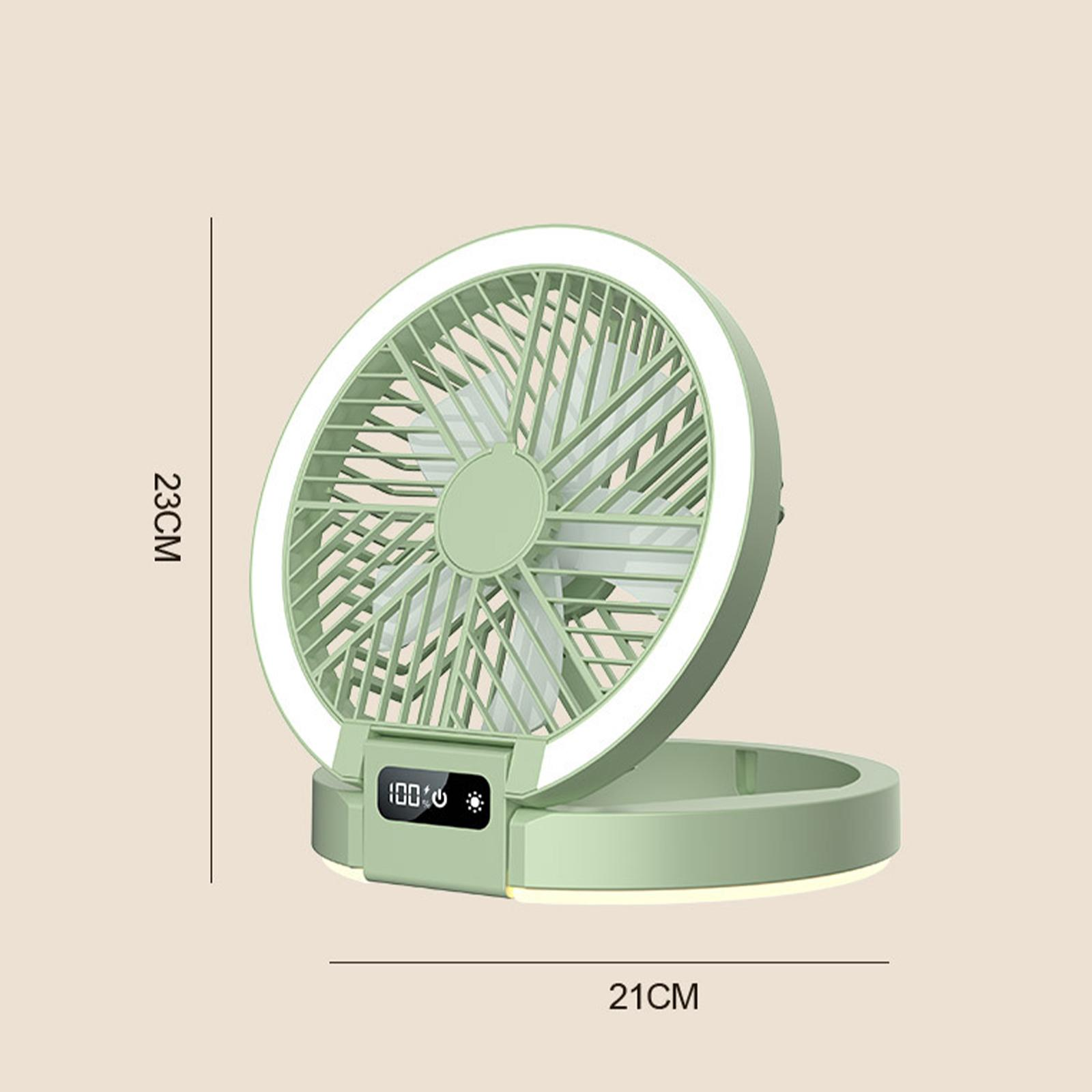 Grüner Ventilator mit LED-Ringlicht, der 100 % Leistung anzeigt, mit den Abmessungen 23 cm und 21 cm.