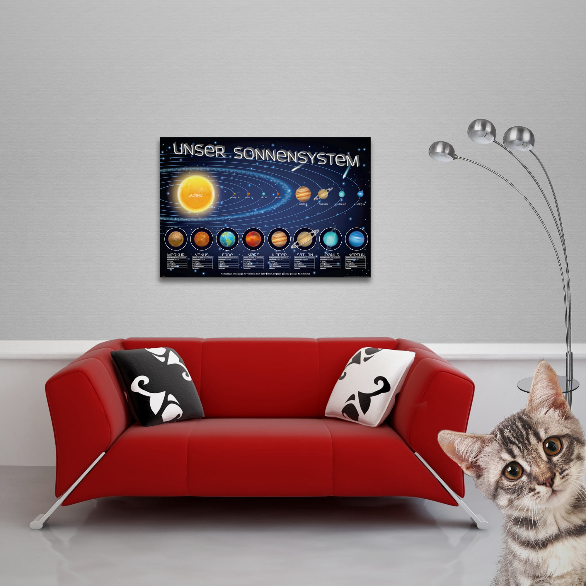 Ein rotes Sofa mit Kissen unter einem Poster unseres Sonnensystems mit einer Katze an der Seite.