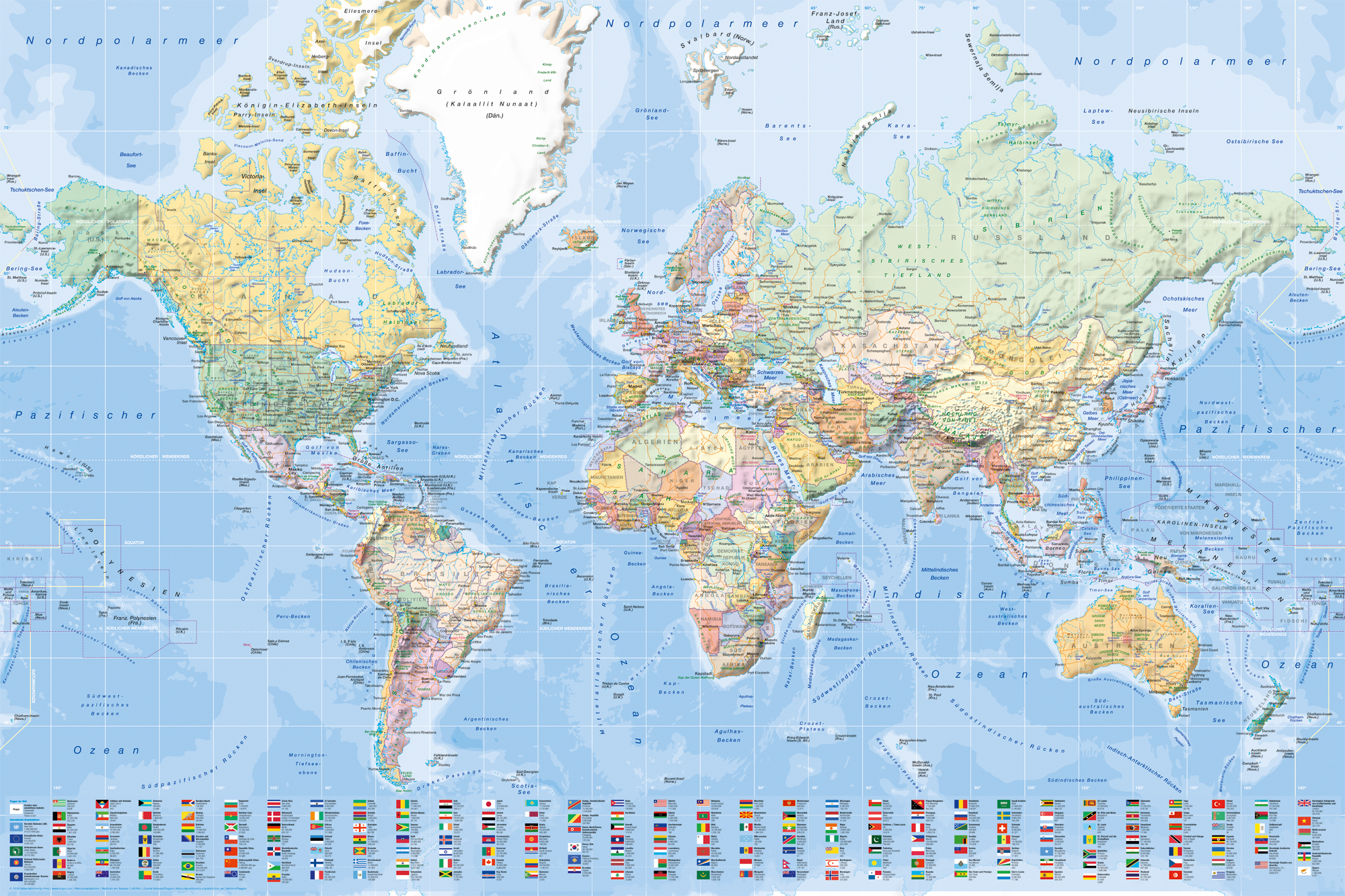 Detaillierte Weltkarte mit Ländern, Gewässern und geografischen Merkmalen mit Flaggen am unteren Rand.