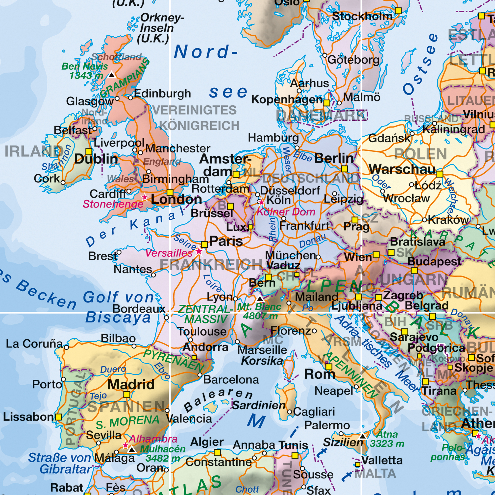 Ein Ausschnitt einer detaillierten Weltkarte, die Europa, Nordafrika und Teile des Nahen Ostens zeigt.