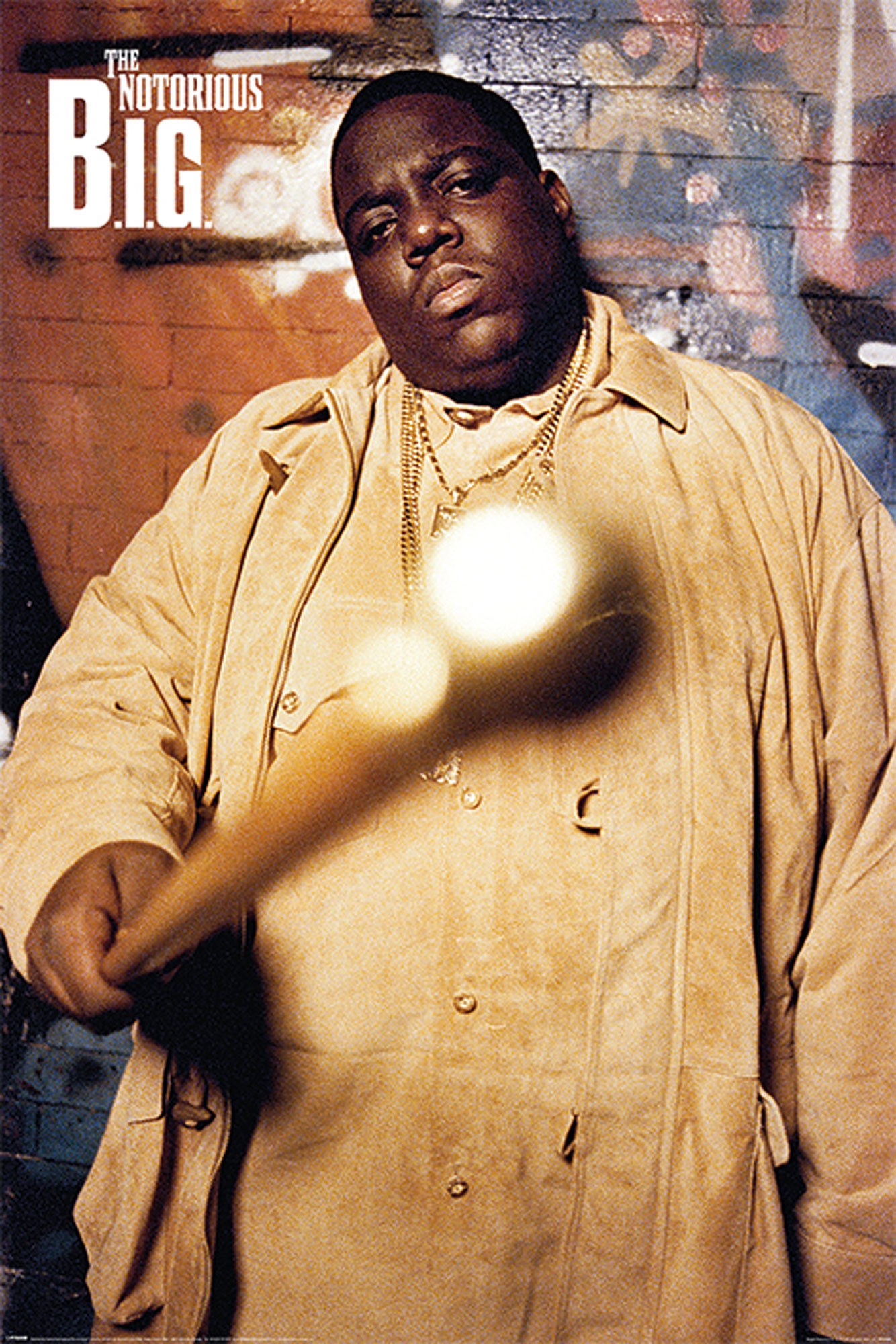 Ein Poster von Notorious B.I.G., der einen Baseballschläger hält und eine hellbraune Jacke und goldene Ketten trägt.