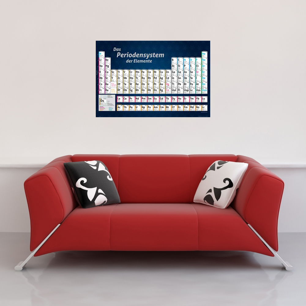 Ein Periodensystem-Poster hängt über einem roten Sofa mit gemusterten Kissen in einem Raum.