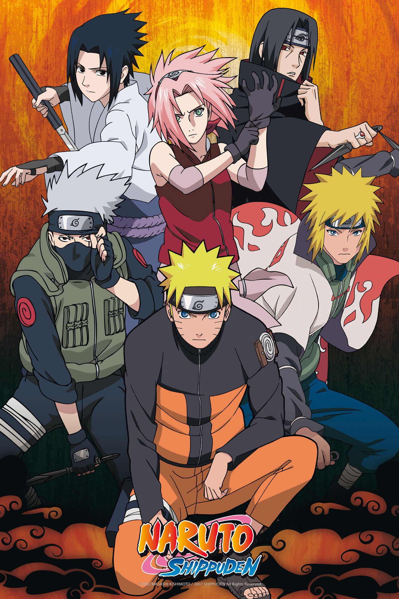 Ein Poster von Naruto-Charakteren wird angezeigt und zeigt verschiedene Figuren in Action-Posen und -Kleidung.