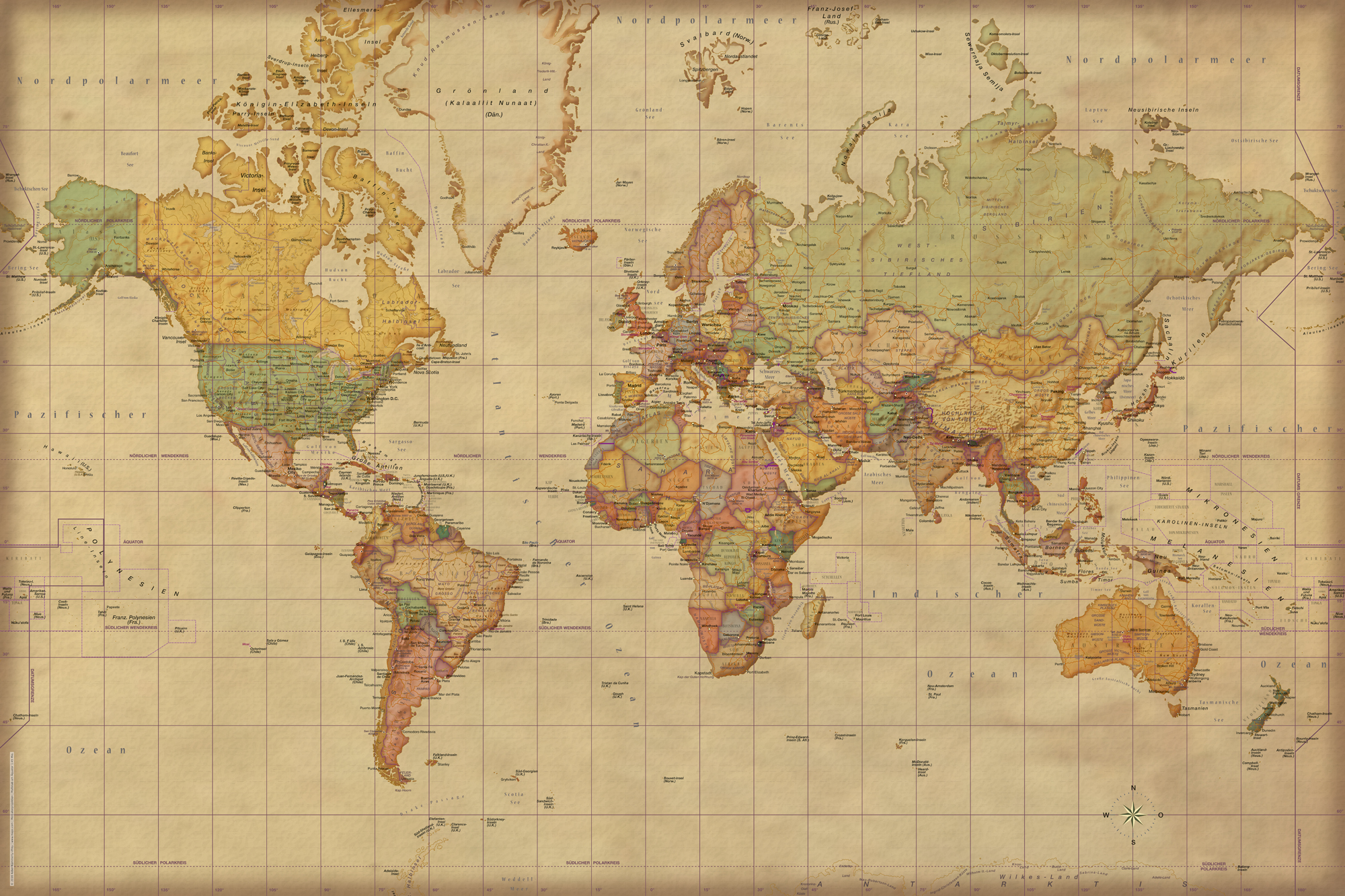 Weltkarte mit detaillierten Kontinenten und Ländern in verschiedenen Farben, auf pergamentartigem Hintergrund, die Ozeane und Landmassen zeigt.