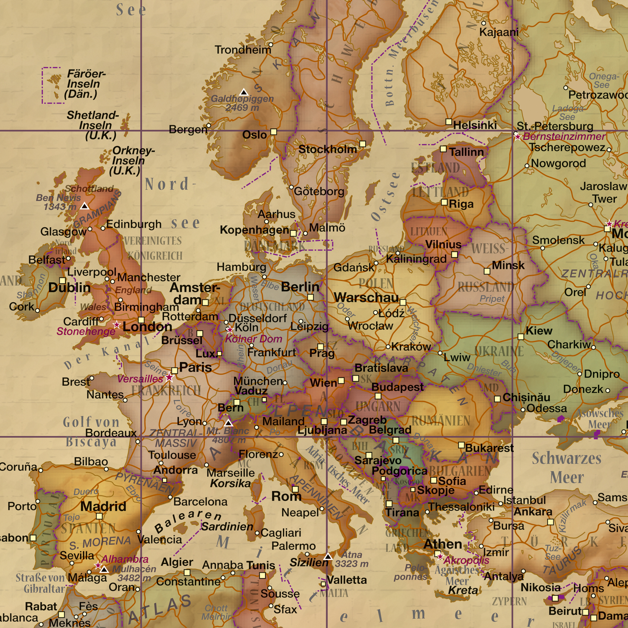 Nahaufnahme einer Vintage-Karte mit detaillierten geografischen Informationen über Europa, die Städte und Länder zeigt.