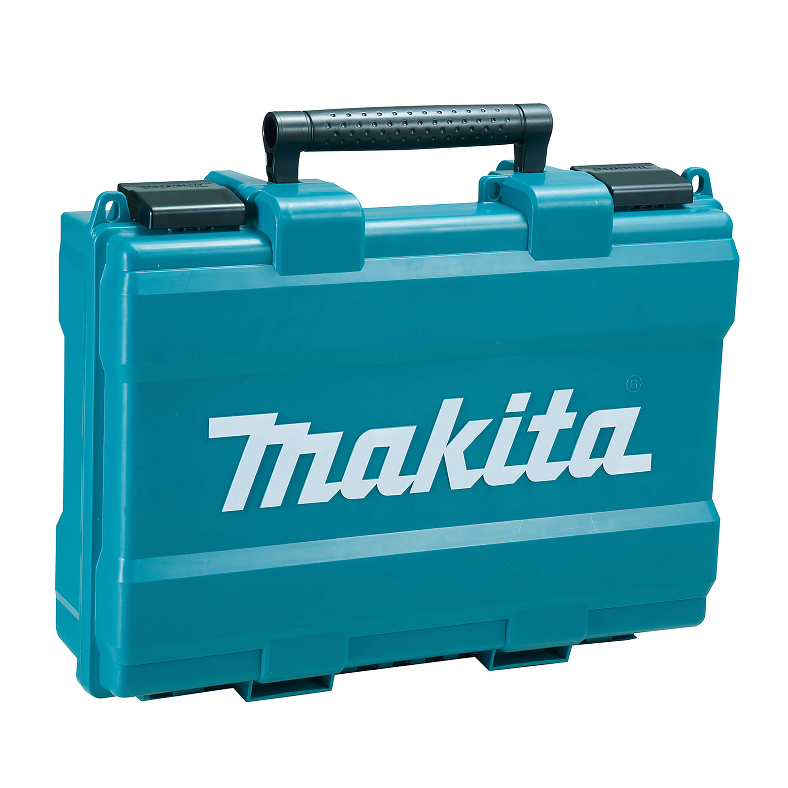 Ein türkisblauer Makita-Werkzeugkoffer mit schwarzem Griff und Verschlüssen, das Makita-Logo ist sichtbar.