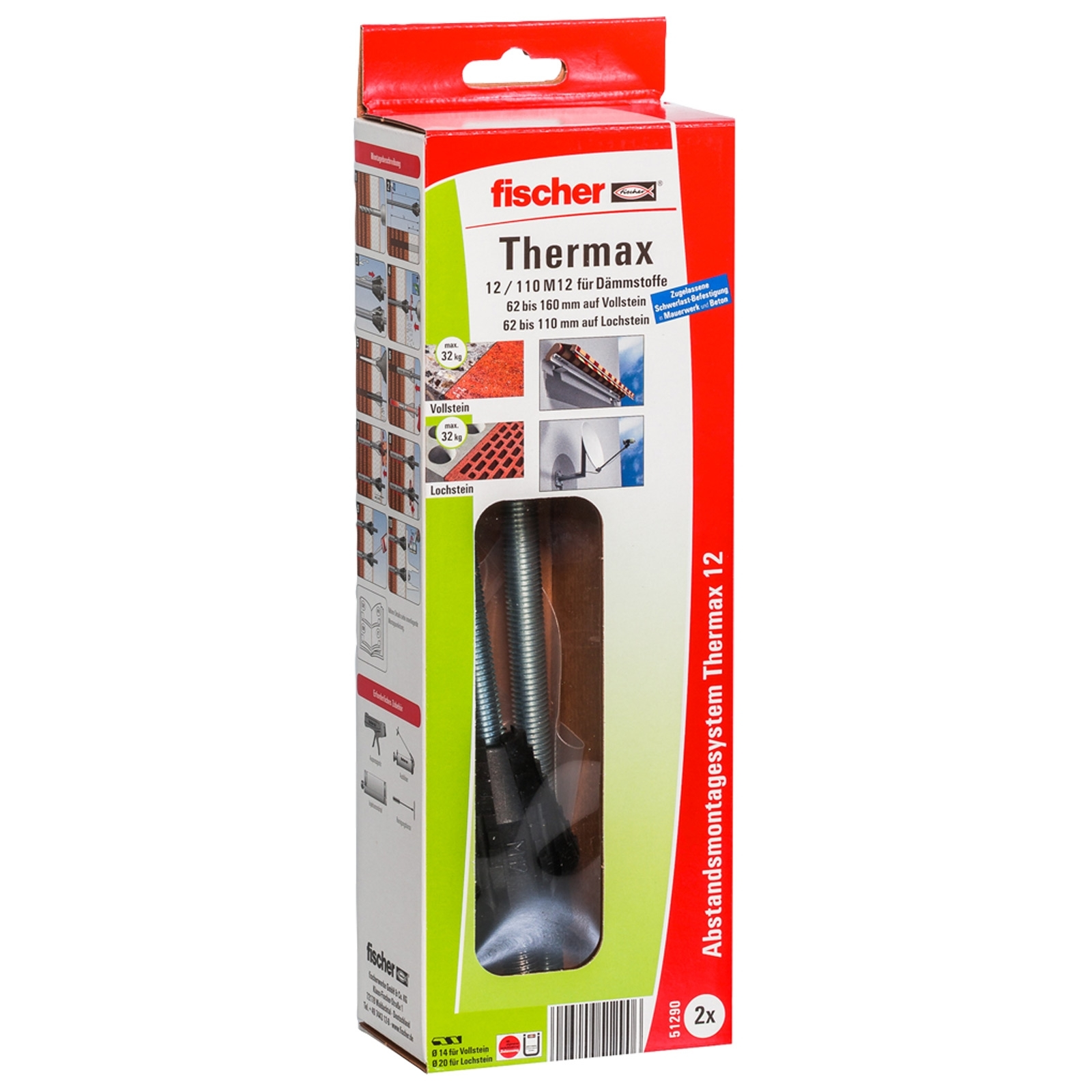 Eine fischer Thermax Box mit einem Bolzen, die Installationsdiagramme für die Isolierung auf Voll- und Lochsteinen zeigt.