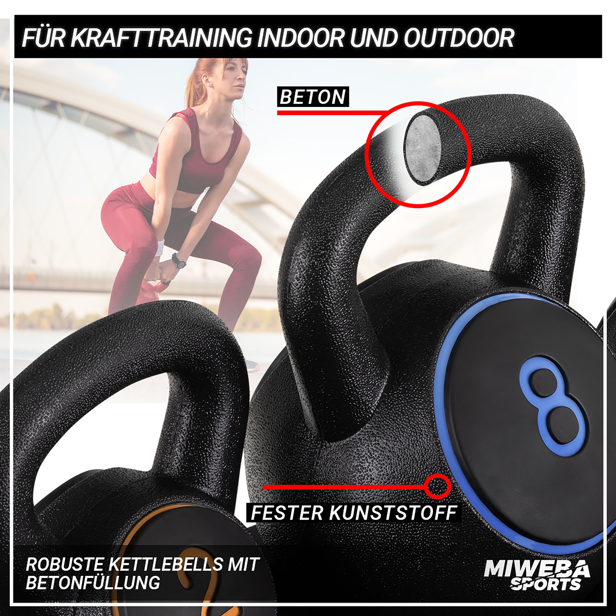 Eine schwarze Kettlebell mit blauen Akzenten und eine Frau in Sportkleidung.