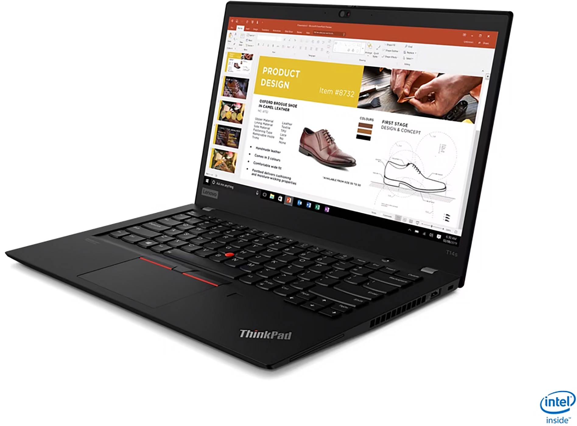 A black laptop displaying a product design presentation on screen. A shoe is shown. The screen is on.