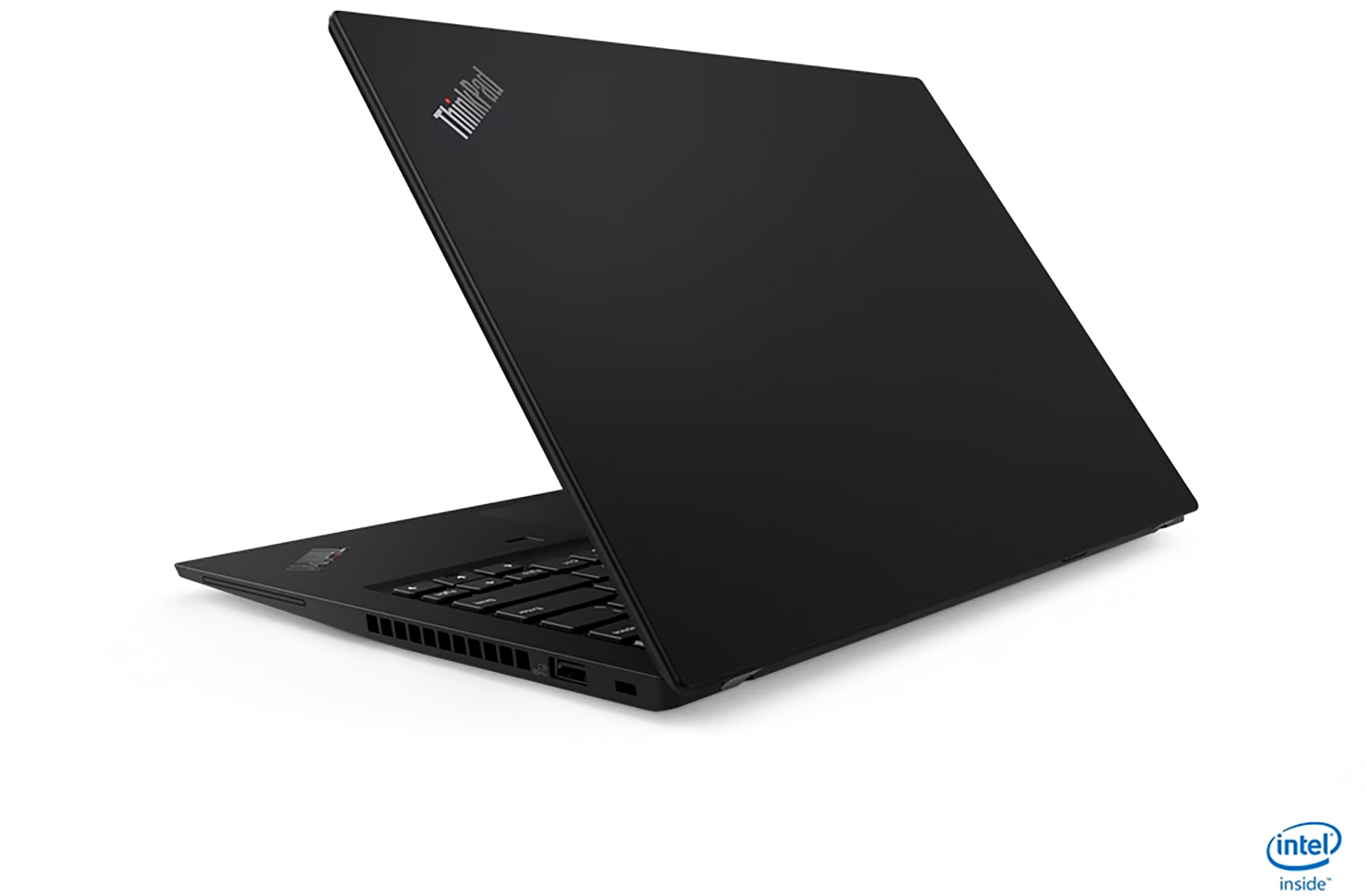 A black ThinkPad laptop sits open on a white surface, showing its keyboard and logo.