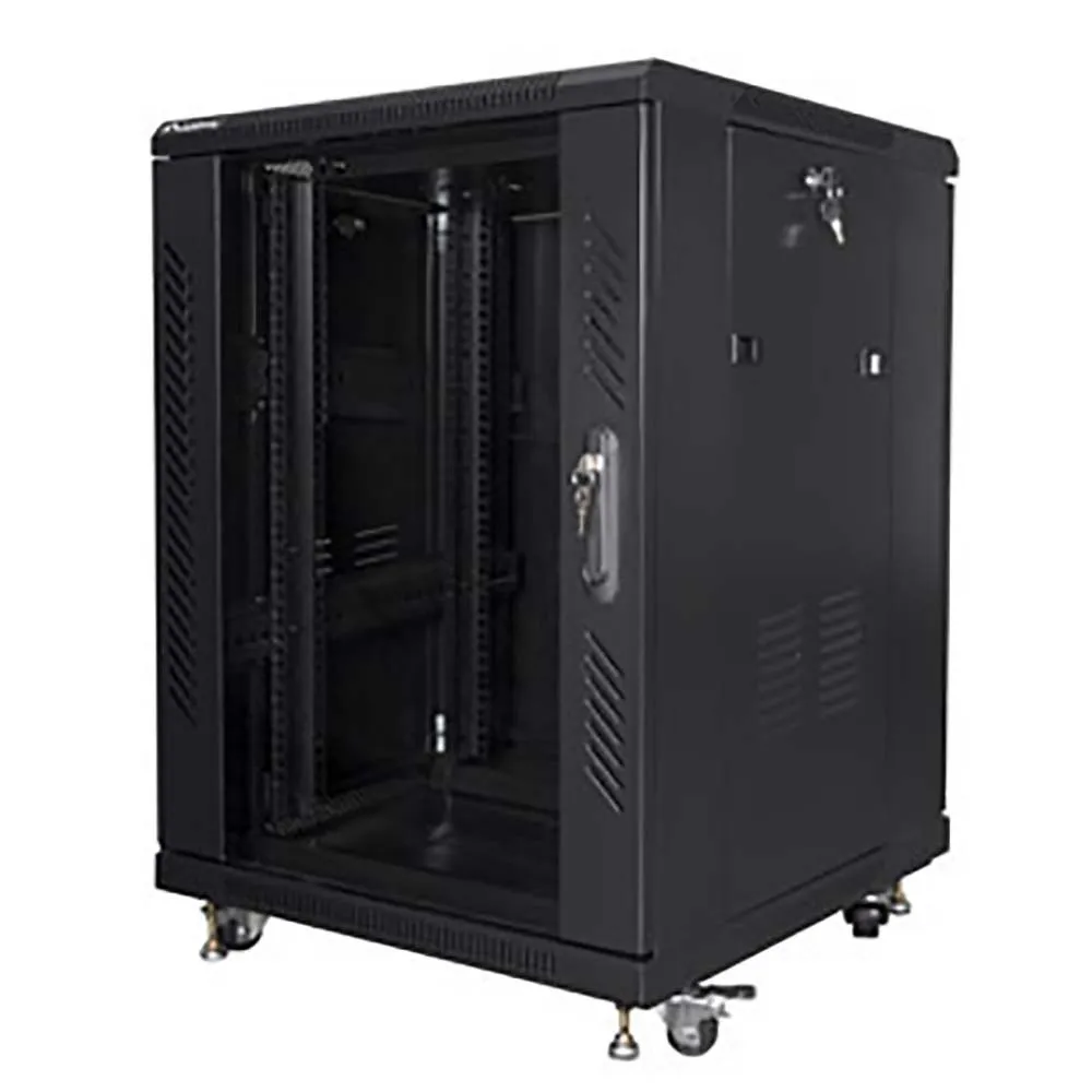 Un gabinete de rack de servidor negro con ruedas, con una puerta con cerradura y rieles ajustables.