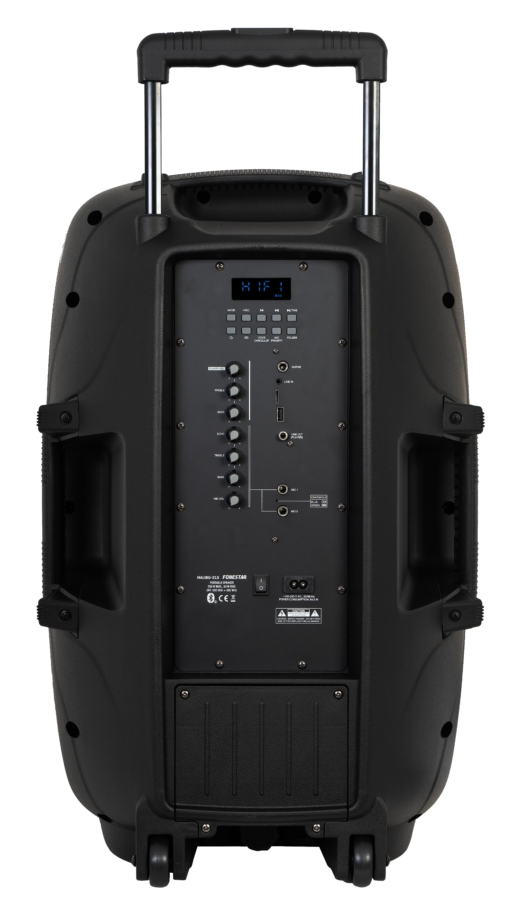 Altoparlante nero con maniglia e comandi, con display Hi-Fi e molteplici opzioni di ingresso.