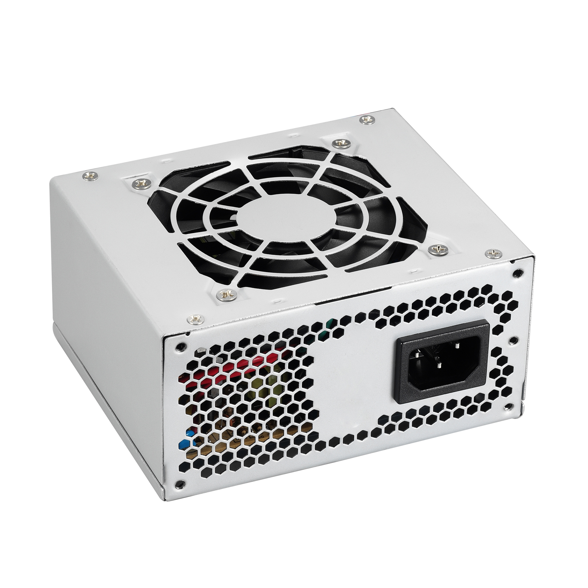 Alimentatore per computer argentato con ventola e prese d'aria multiple.