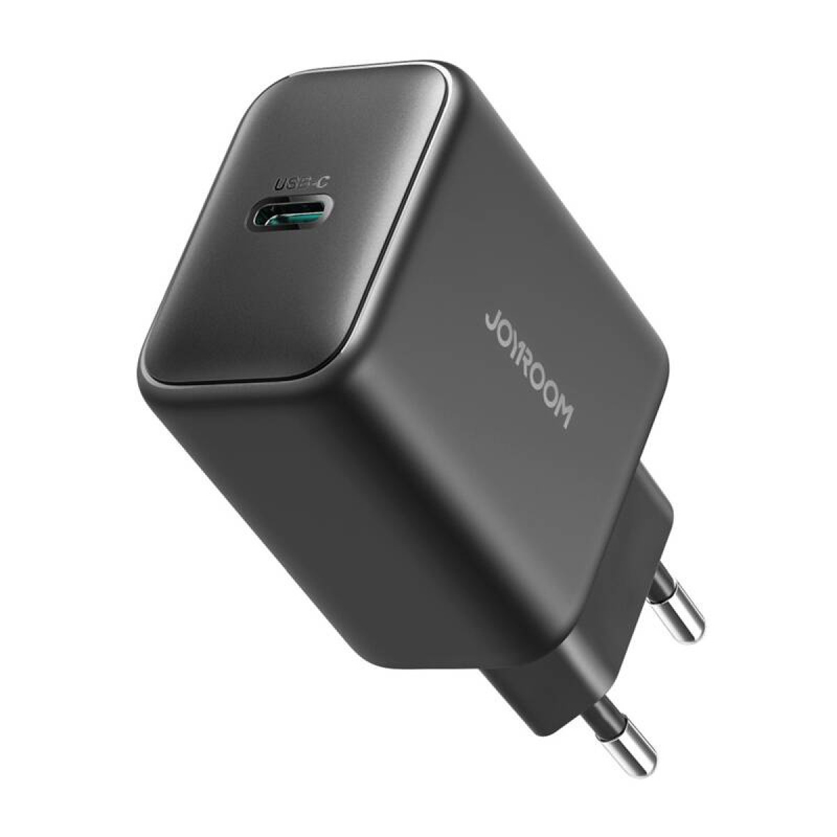 Czarna ładowarka USB-C Joyroom z bolcami. Ładowarka ma port USB-C.