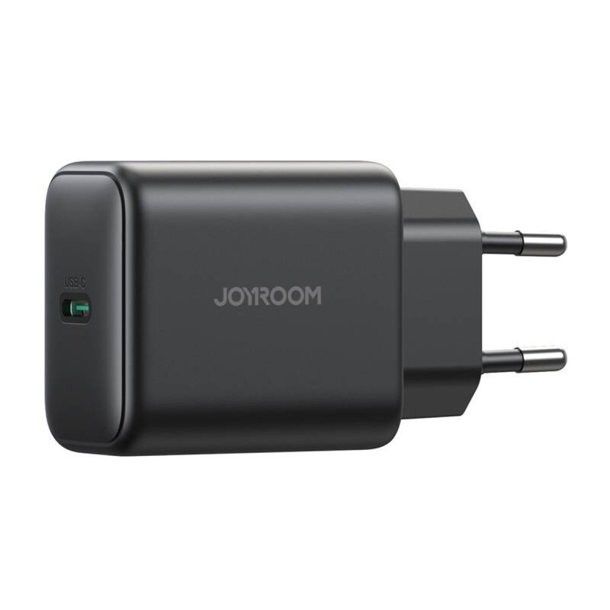 Czarna ładowarka z USB-C i 'JOYROOM'. Ma bolce z boku.