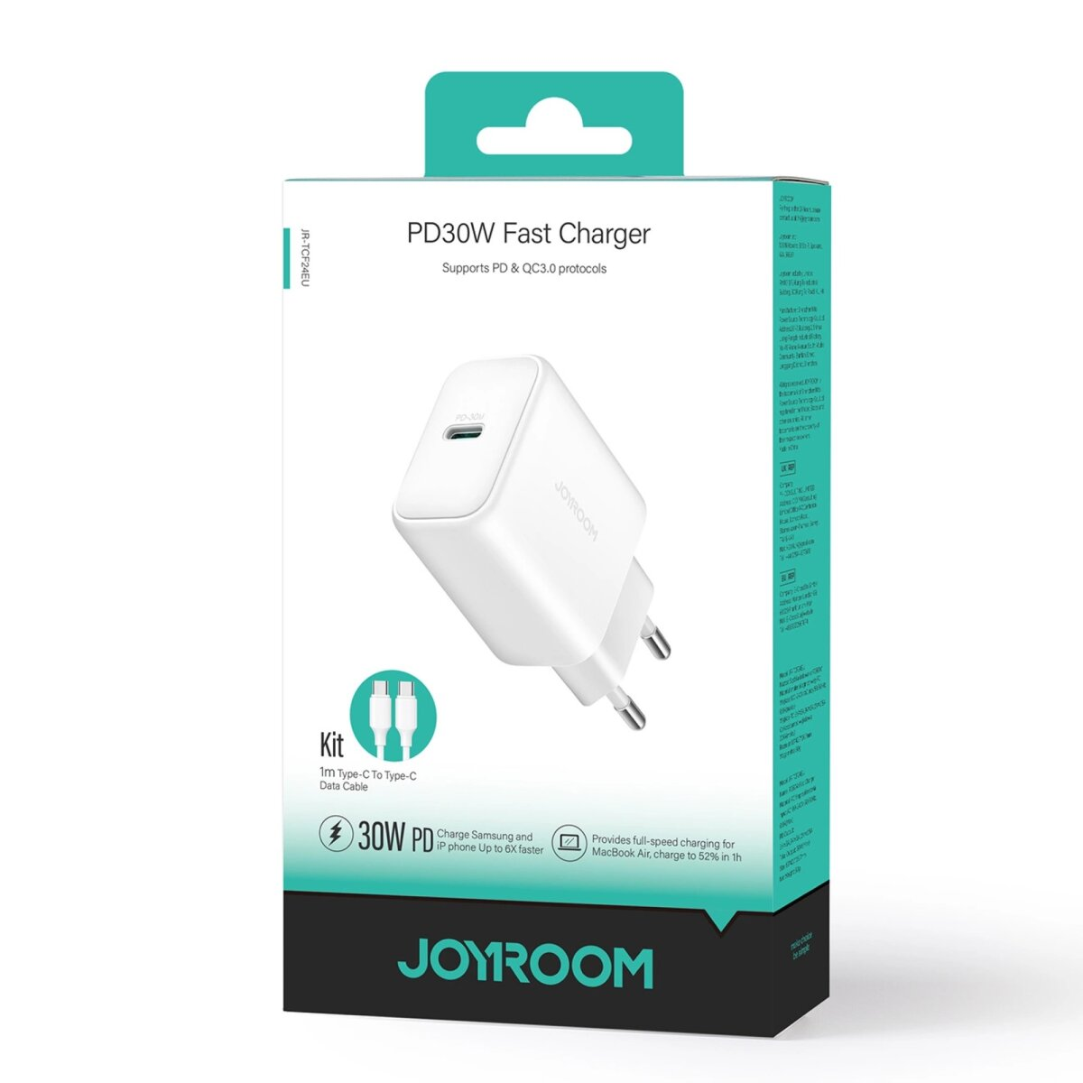 Obraz przedstawia pudełko ładowarki Joyroom PD30W Fast Charger z białą ładowarką i szczegółami produktu.