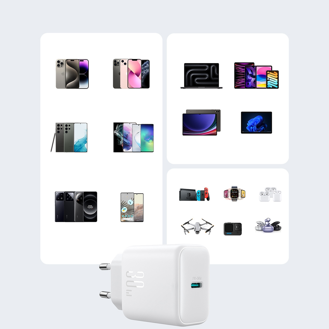 Obraz przedstawia białą ładowarkę pośród kolażu urządzeń elektronicznych, prezentując kompatybilność.