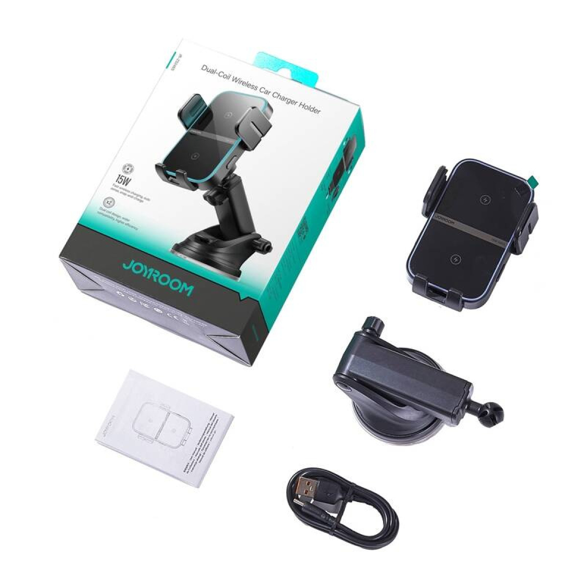 Obraz przedstawia uchwyt samochodowy Joyroom z podwójną cewką i bezprzewodową ładowarką, akcesoria i opakowanie na białym tle.