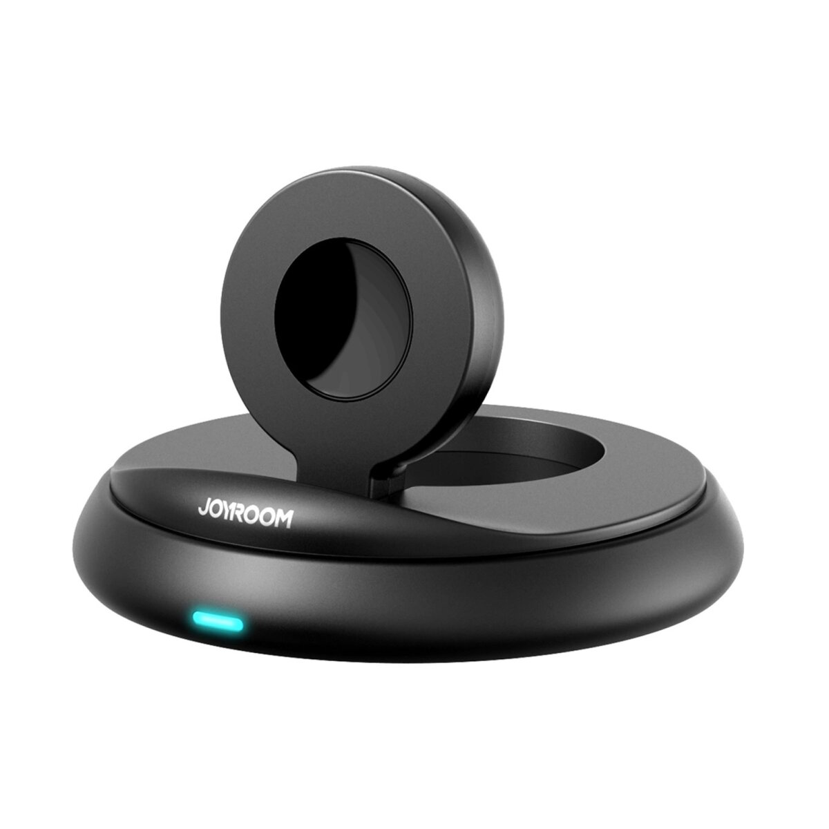 The image shows a black Joyroom wireless charger with a circular pad and blue LED light.