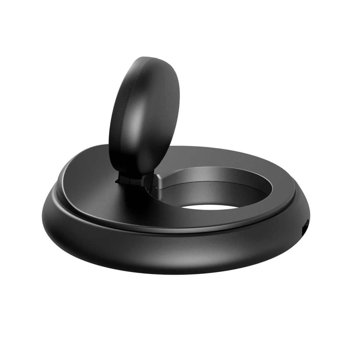 The image shows a black Joyroom wireless charger base with a flip-up charging pad on a white background.