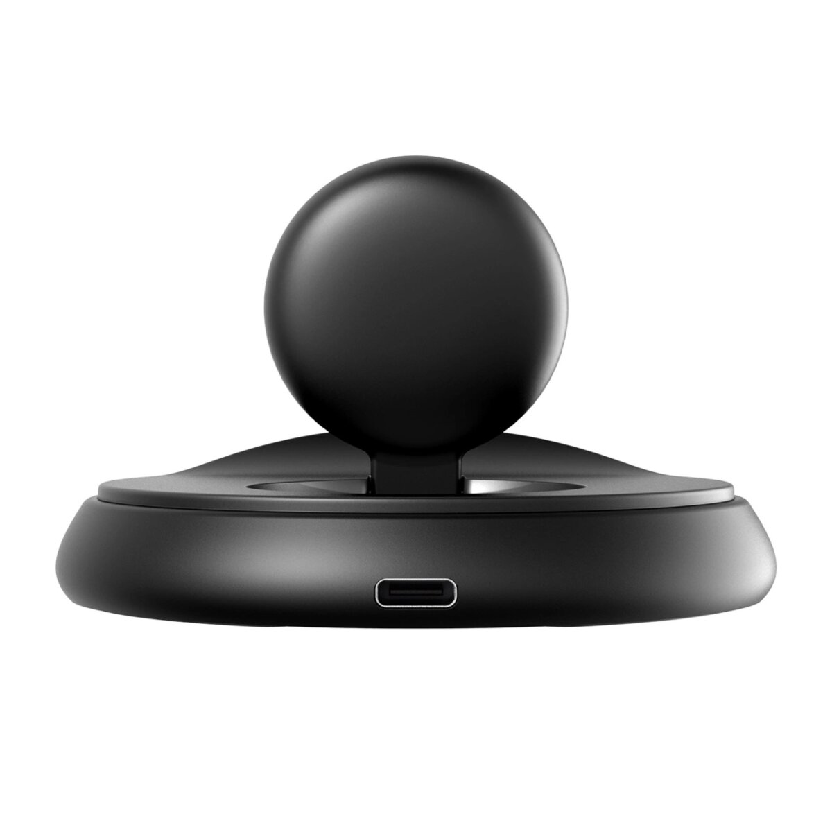 The image shows a black wireless charger with a ball mount, featuring a USB-C port on a white background.