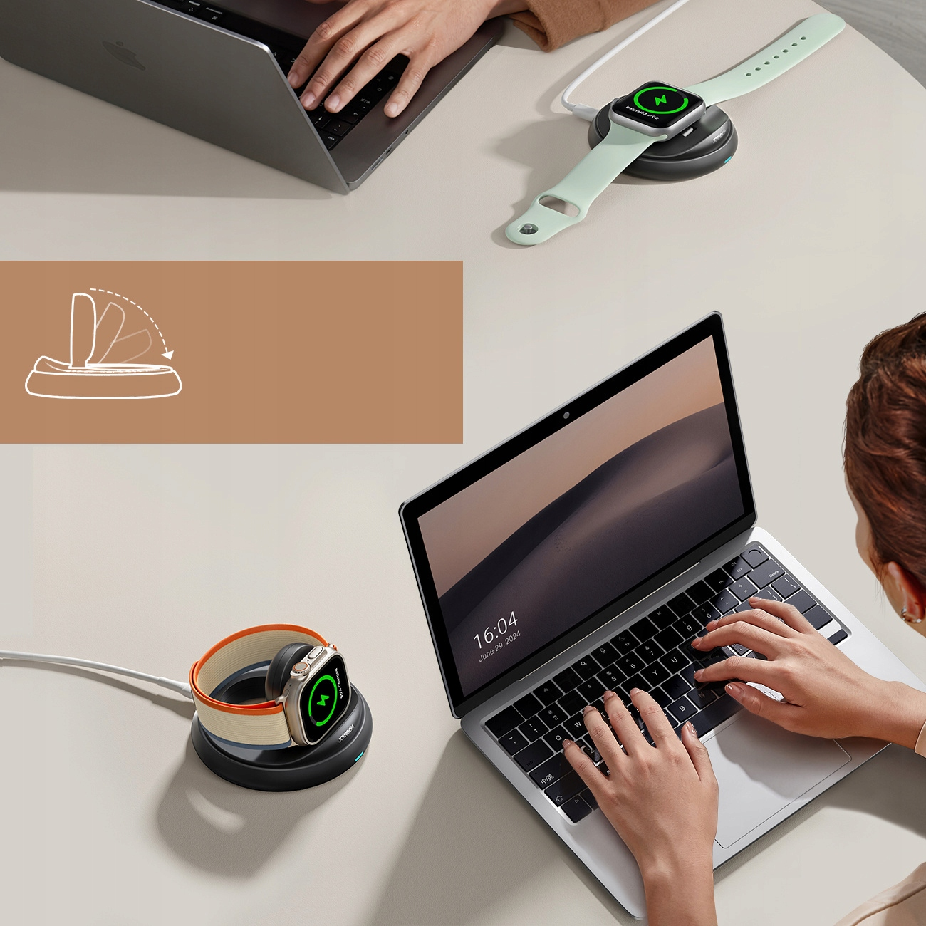 The image shows wireless chargers and laptops being used in a bright, modern setting.