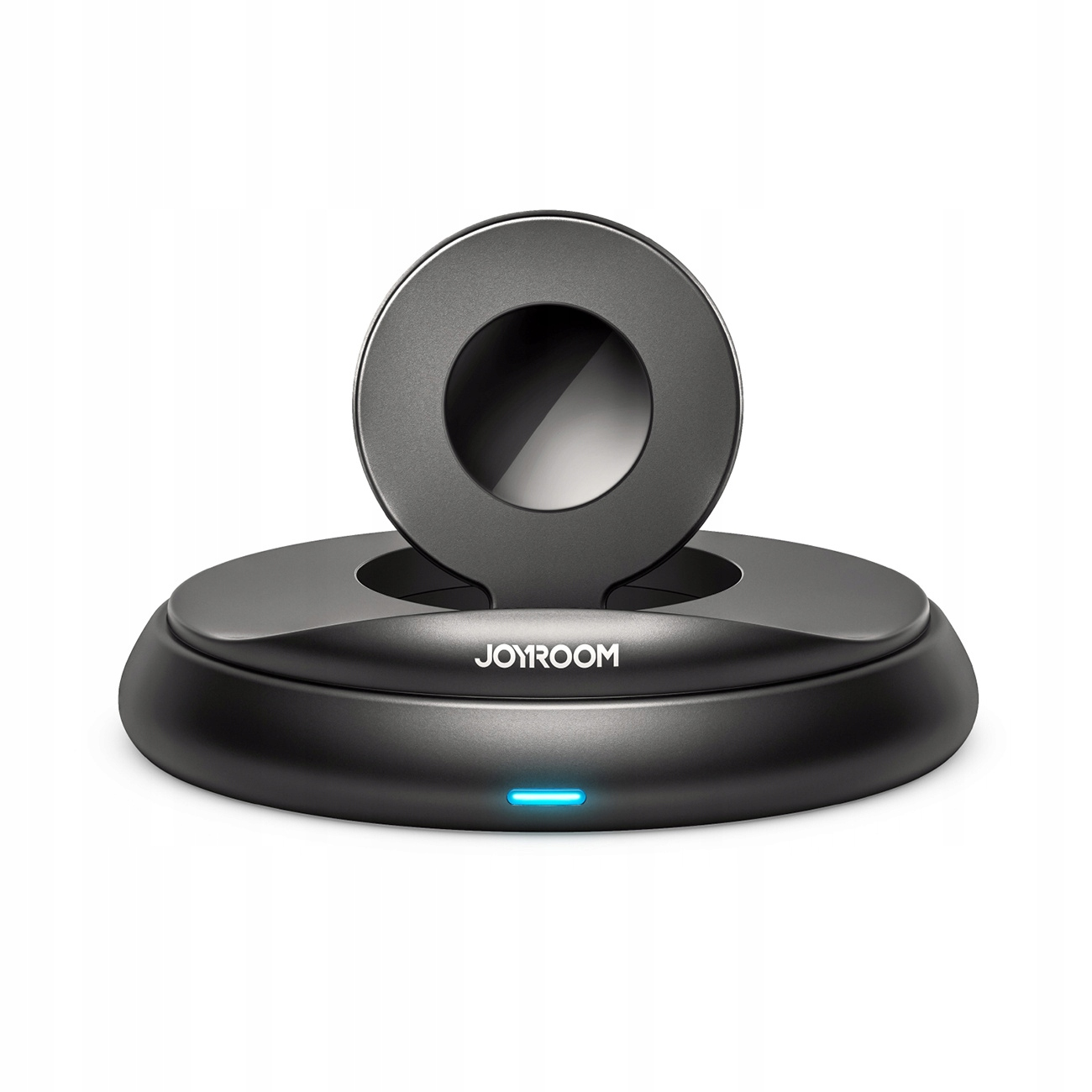 Black and gray phone charger. It has a circular design, with a ring on top and a base. The brand is JOYROOM.
