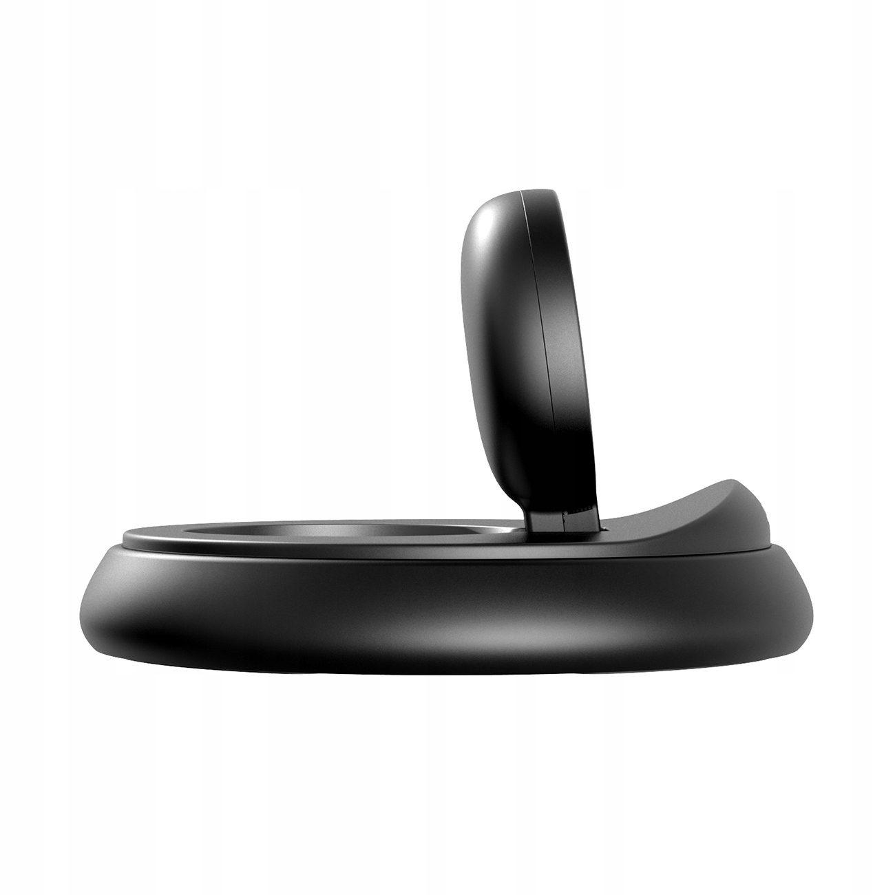 A black phone charger with a circular base and a curved top portion. The charger is smooth and matte.