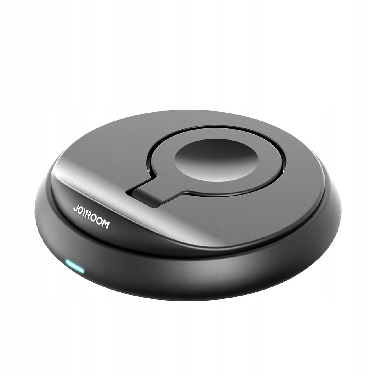 A black phone charger with JOYROOM brand, a circular design. It has a ring-shaped top and a blue light.