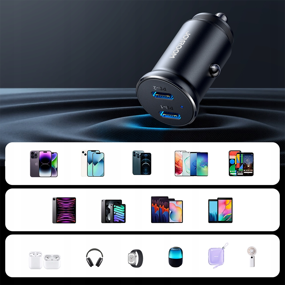 Ładowarka samochodowa JOYROOM z dwoma portami USB, wyświetlana z ikonami kompatybilnych urządzeń, takich jak telefony i tablety.