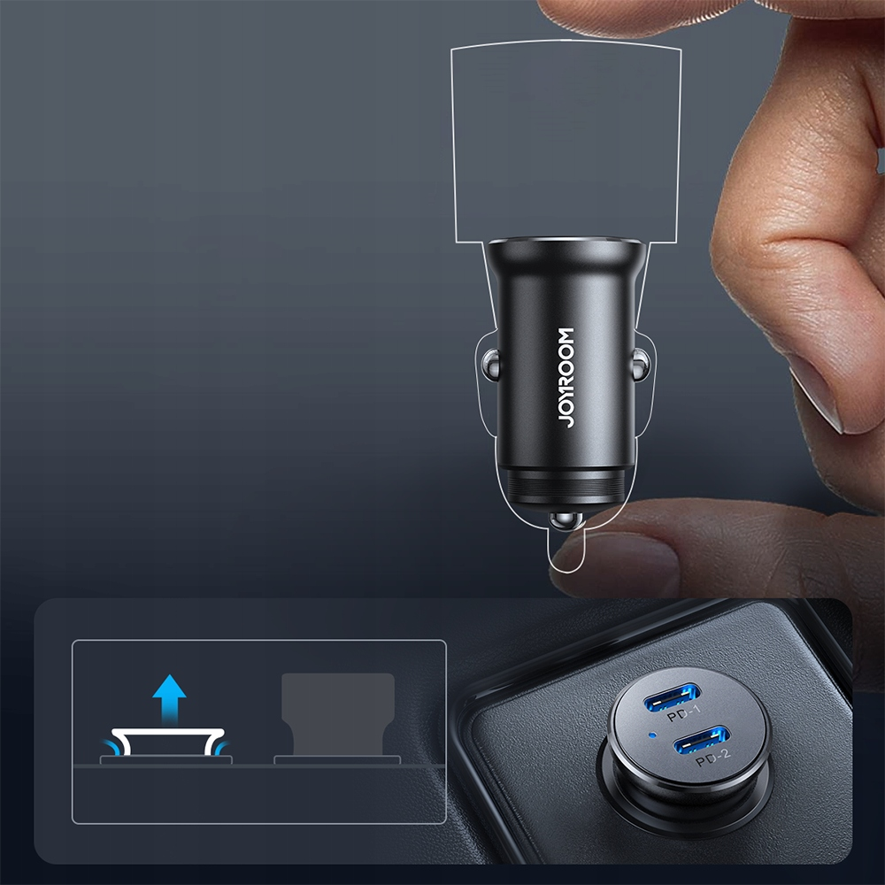 Ładowarka samochodowa JOYROOM pokazana z ręką, diagramami i szczegółami portu USB na ciemnym tle. Skupienie na funkcjonalności.